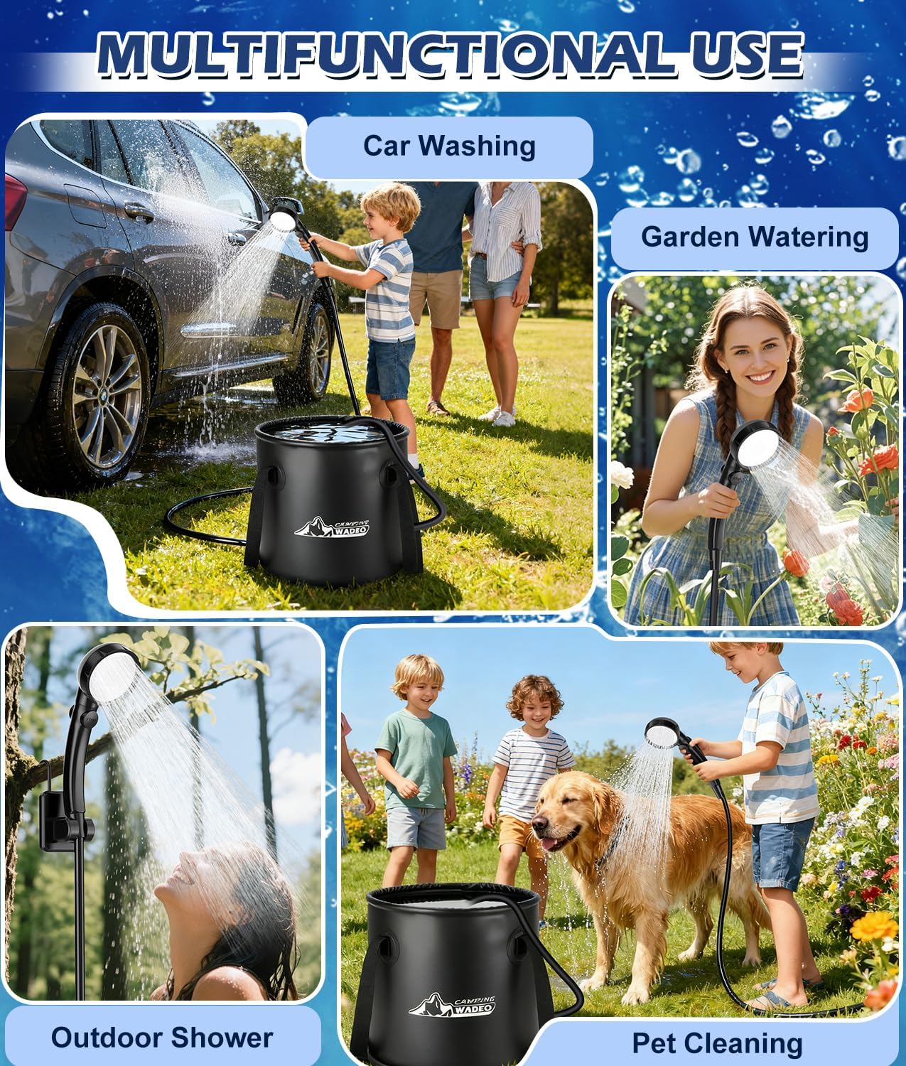 Upgraded Portable Shower for Camping with Heater, Rechargeable Camping Shower with Intelligent LED Display, 5 Gal Foldable Bucket, 4 Spray Modes, Portable Shower for Travel, Pet Bath, Car Washing