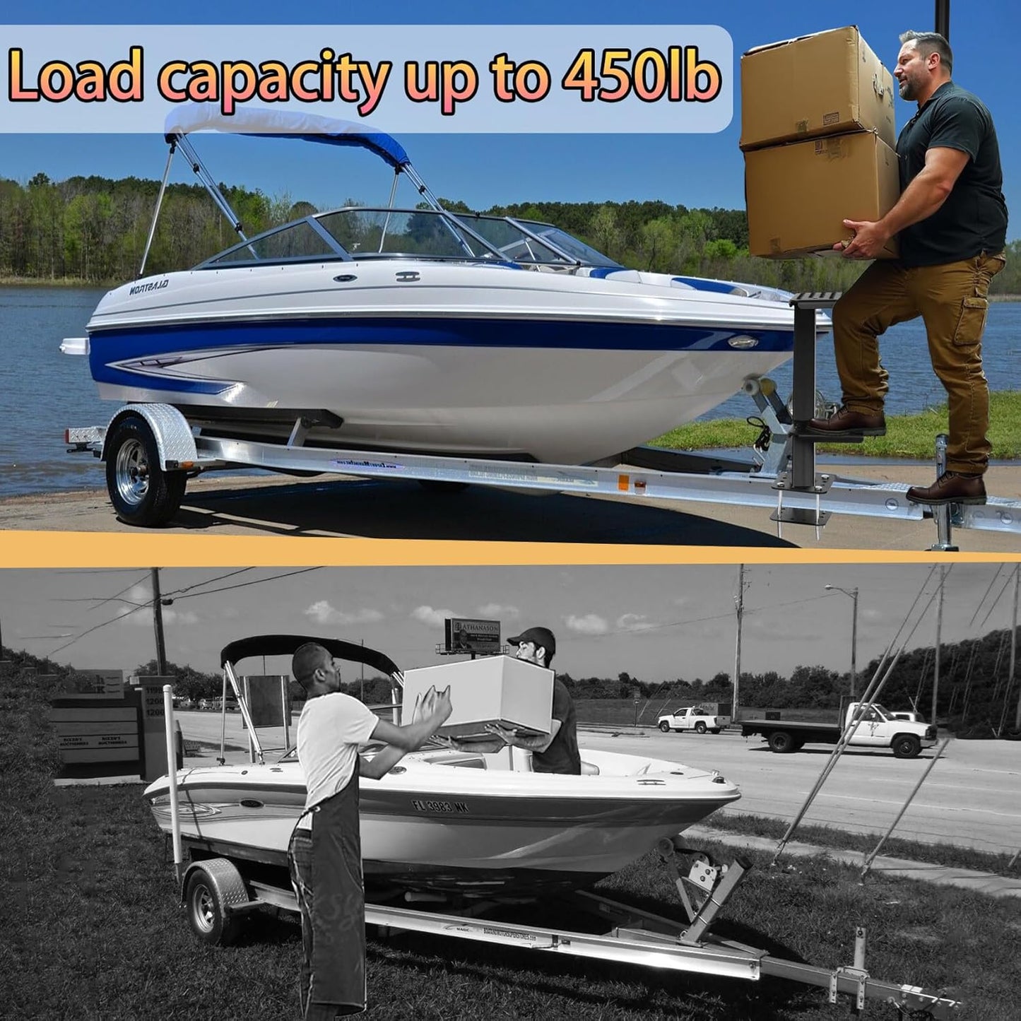 Heavy-Duty Boat Trailer Steps with Handle, Non-Slip Surface Fits for Trailers Tongue Step, 2 Steps