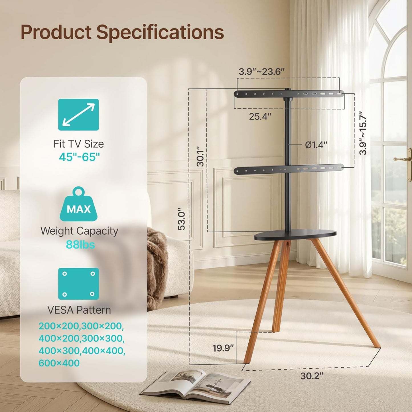 Wood Easel Tv Stand with Artistic Droplet-Shaped Shelf for 45 to 65 Inch Tvs, Swivel Height Adjustable Portable Tripod Tv Stand-Vesa Required Max 600 * 400 mm, up to 88 lbs, Black Walnut