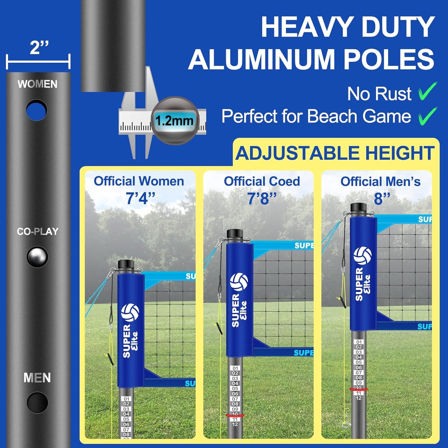 Portable Professional Volleyball Net Set with Aluminum Adjustable Height Poles, Heavy Duty Nets Sets System with Easy-Pulldown Tensioner, 2 Scoring