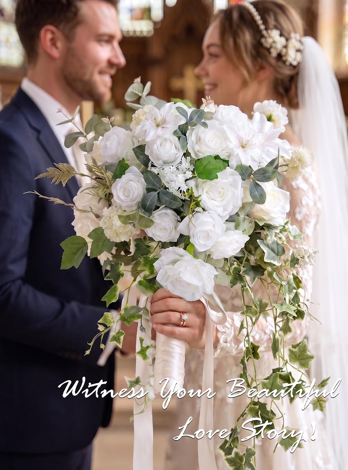 13.7" Wedding Bouquets for Bride,White Silk Cascading Bride Bouquet White & Sage 13.7inch