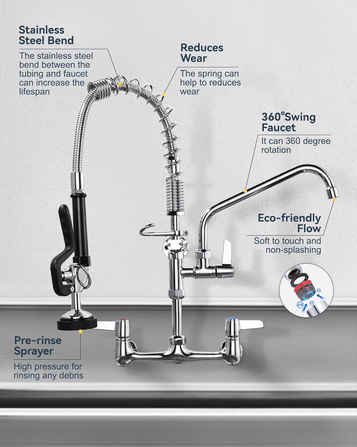 Commercial Kitchen Faucet Wall Mount: with Pre-Rinse Sprayer - ARCORA Industrial Restaurant 21" Height 8'' Center Compartment Sink Faucet