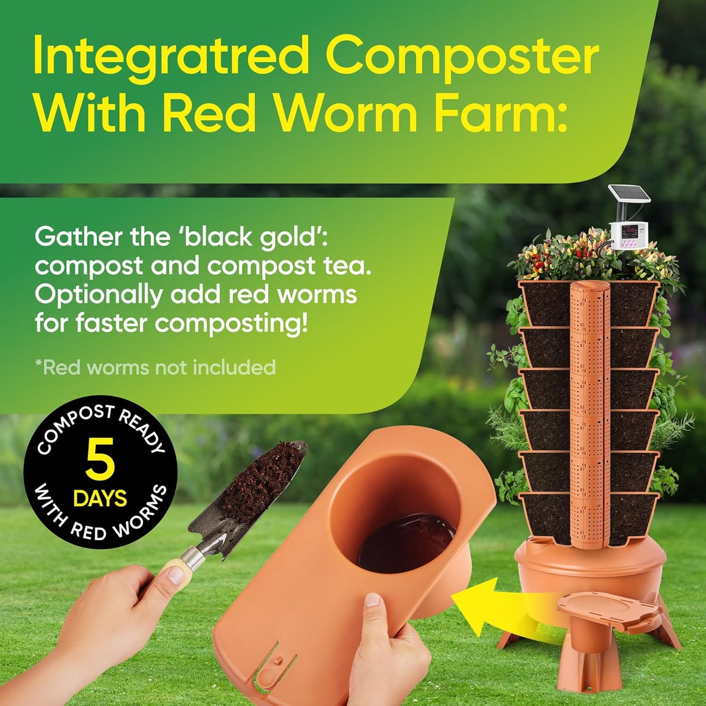Vertical Garden Tower for Efficient Vertical Gardening 6-Tier 1.6 m x 70 cm 30 L Reservoir Self-Watering Solar-Powered System
