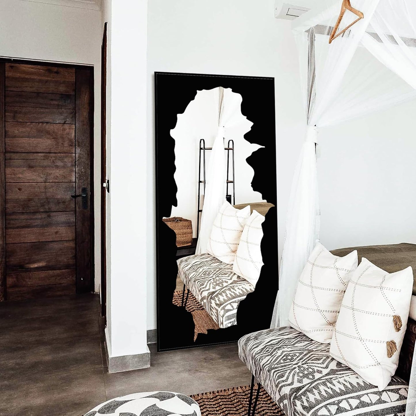 Full-Length Mirror Free Standing Leaning Mirror with Artistic Black Abstract Overlay Deco, 55"x28" Shatterproof Wall-Mounted Mirror, Perfect