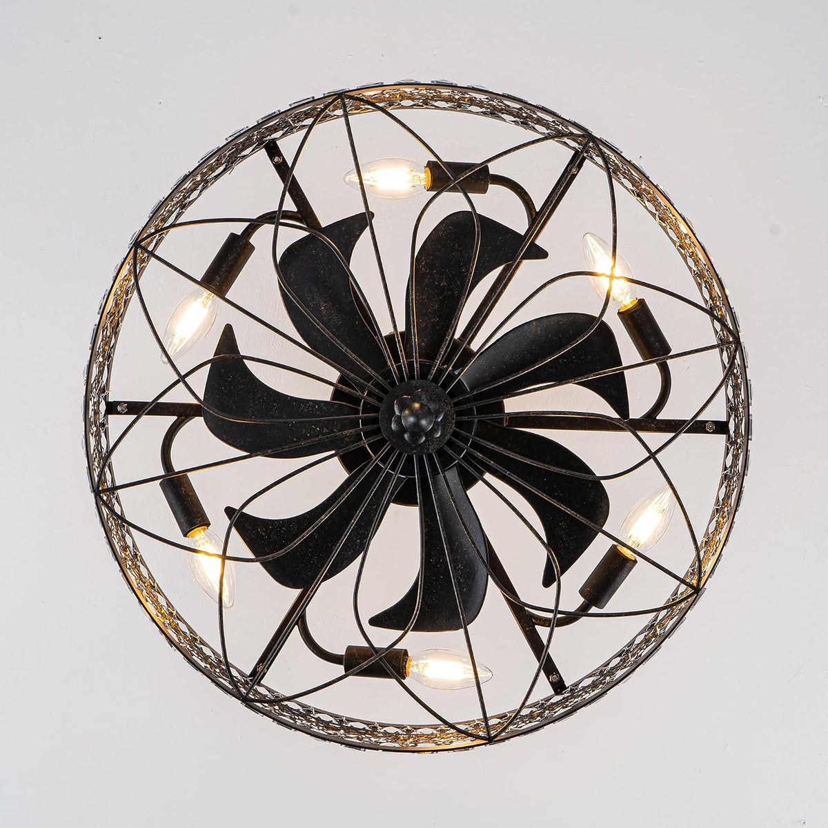 Antique Bronze Chandelier Ceiling Fan with Light,Crystal Caged Fandelier