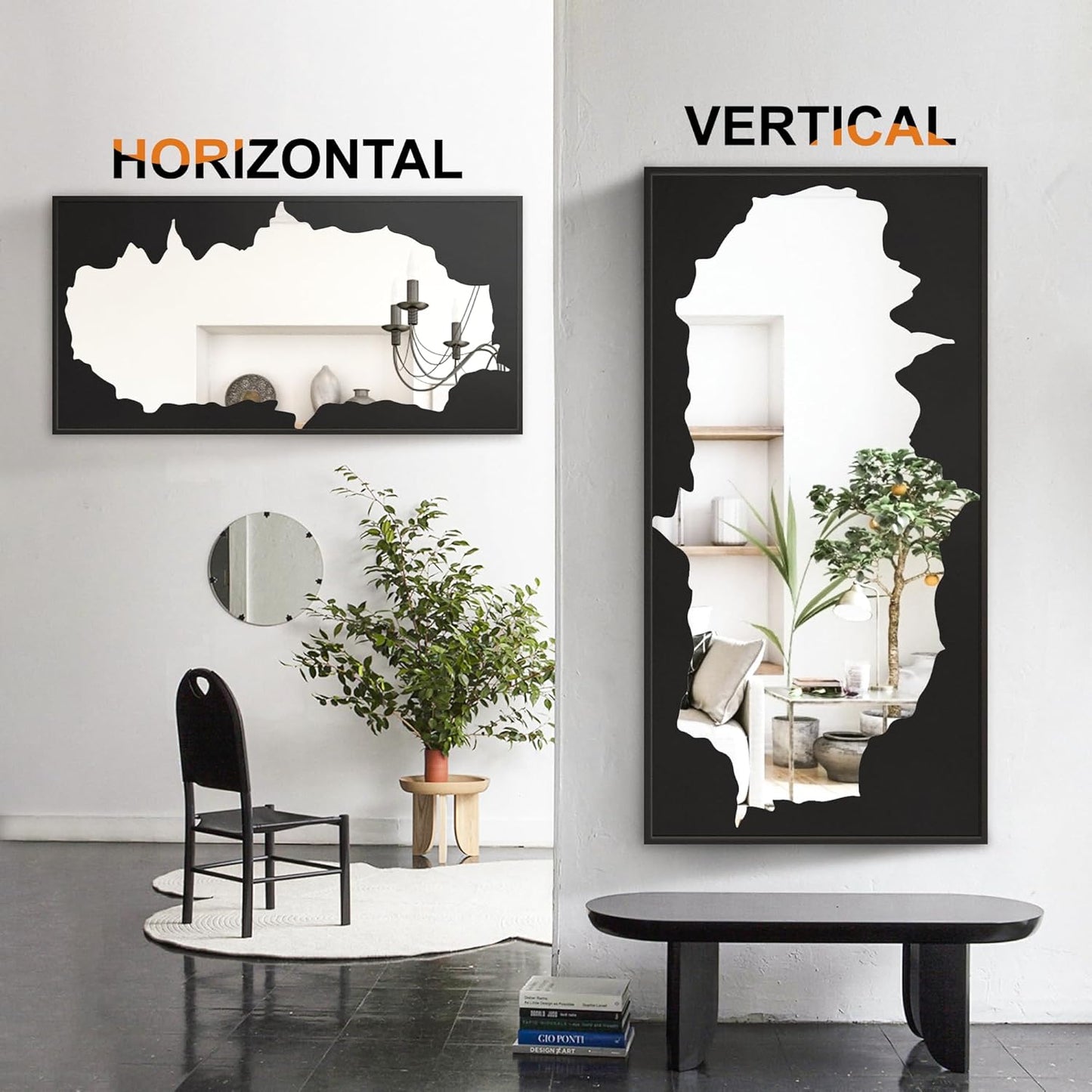 Full-Length Mirror Free Standing Leaning Mirror with Artistic Black Abstract Overlay Deco, 55"x28" Shatterproof Wall-Mounted Mirror, Perfect