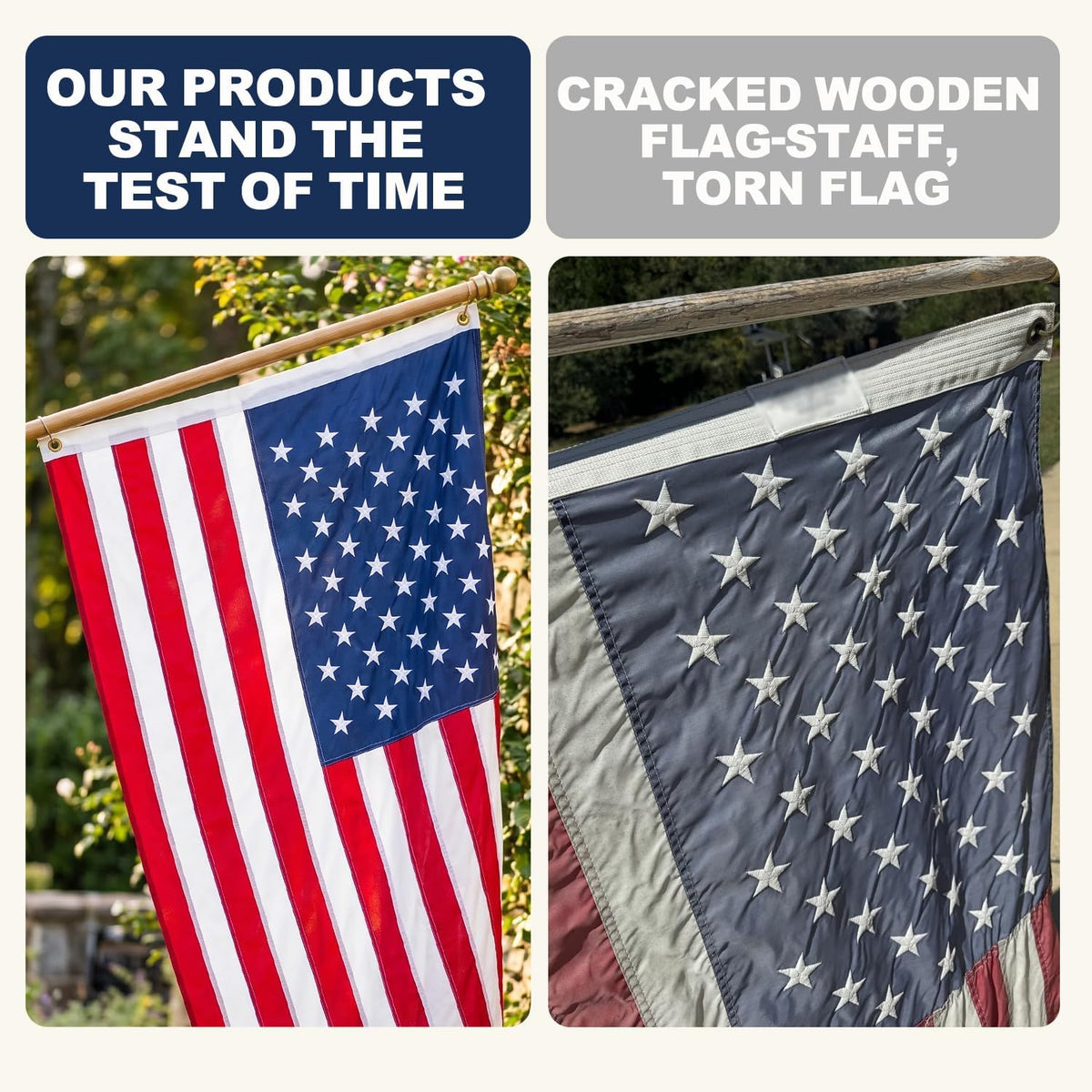 American Flags For Outside Set 3x5 Ft, Premium US Flag Made of 210D Nylon Fabric. Features aviation‑grade aluminum flagpole with wood‑grain finish, embroidered stars and hand‑stitched stripes. Sturdy & durable, fade‑resistant for all‑weather use.