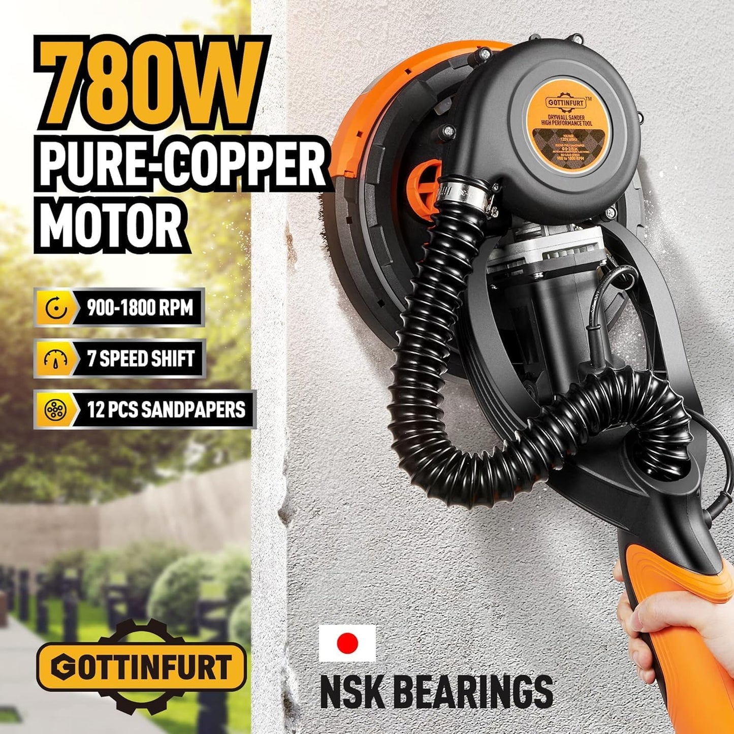 Drywall Sander, 780W Electric Power Drywall Sander with Vacuum, Dry Wall Sander with Extendable Handle, 7 Variable Speed 900-1800RPM, 26' Power Cord,