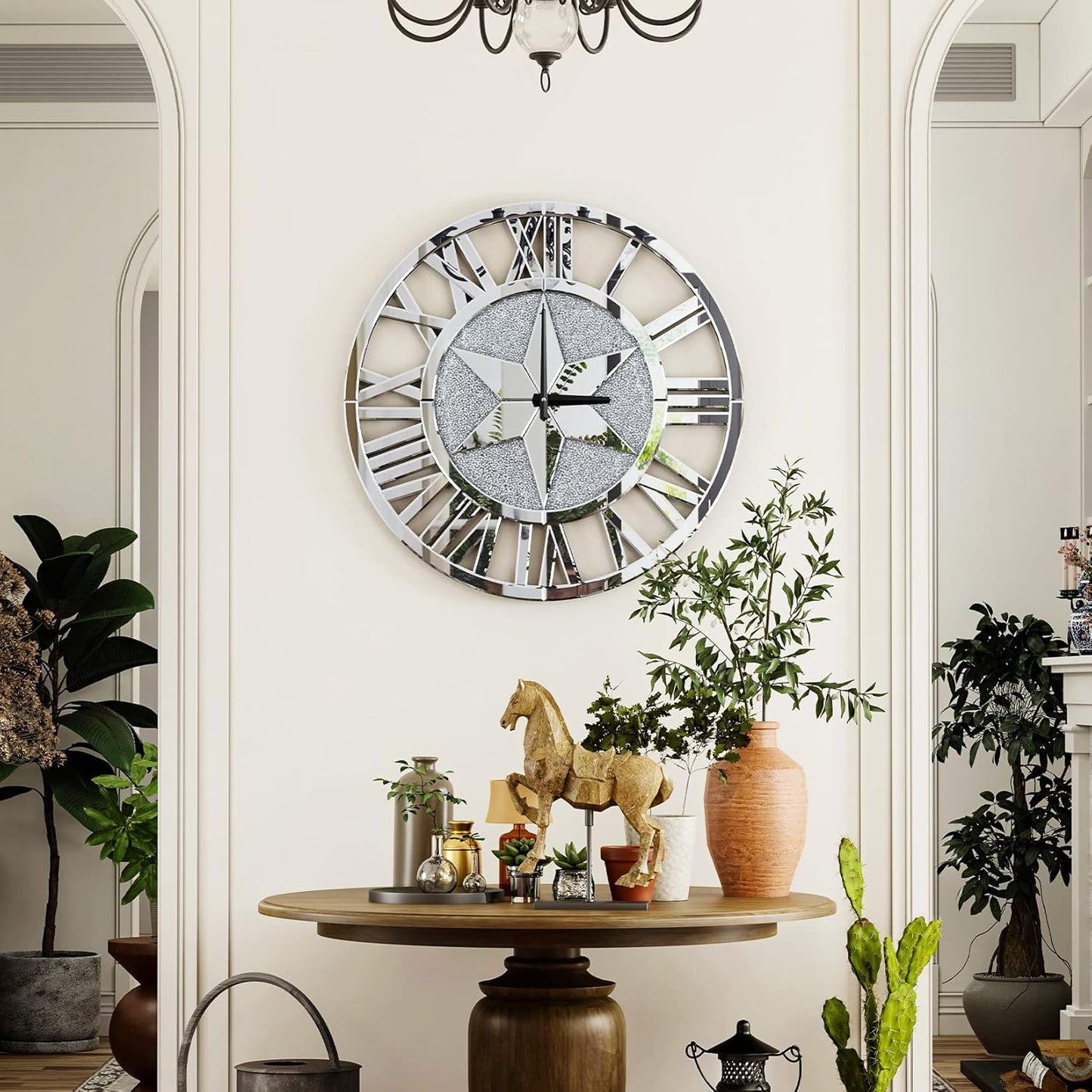 Artloge Round Mirrored Wall Clock: 24 inch Big Decorative Clock with Silver Glass Beveled Bling Crystal Edge Frame, Home Kitchen Modern Art Decor for