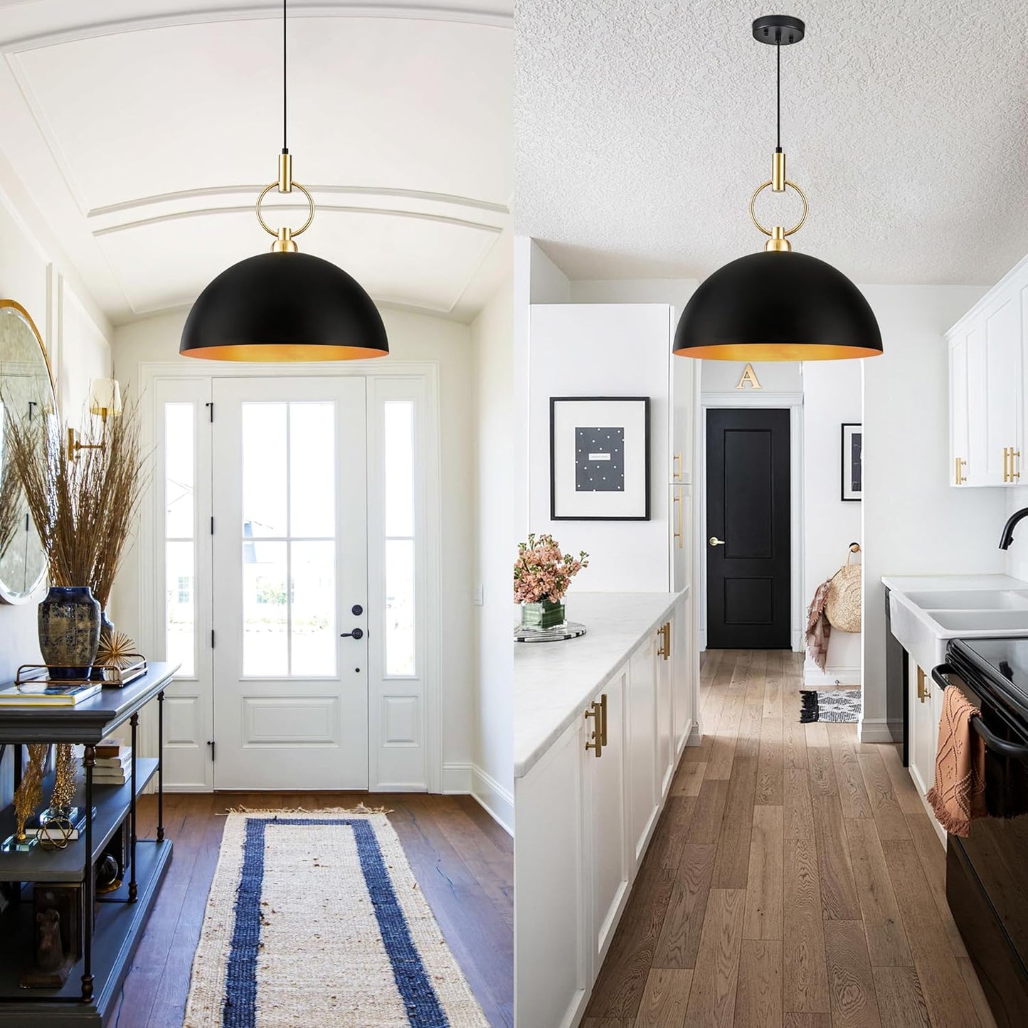 Corlaceling 17.7" Large Pendant Light for Kitchen Island Farmhouse Black and Gold Pendant Lighting Industrial Dome Pendant Light Fixture for