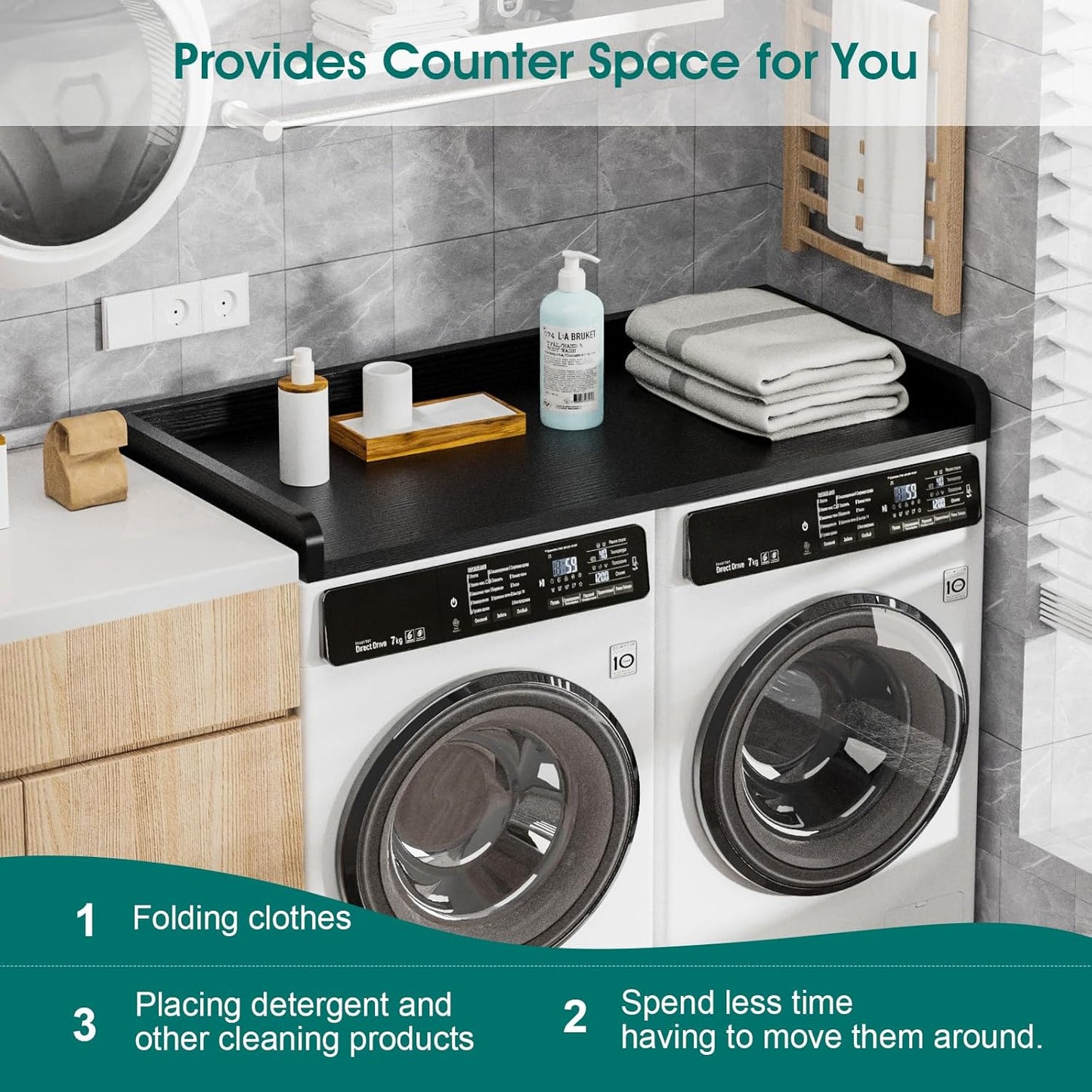 Washer Dryer Countertop, 27.5" Depth x 54" Width, Washer Dryer Wood Top for Laundry Room Organization, Particle Board Countertop with Edge