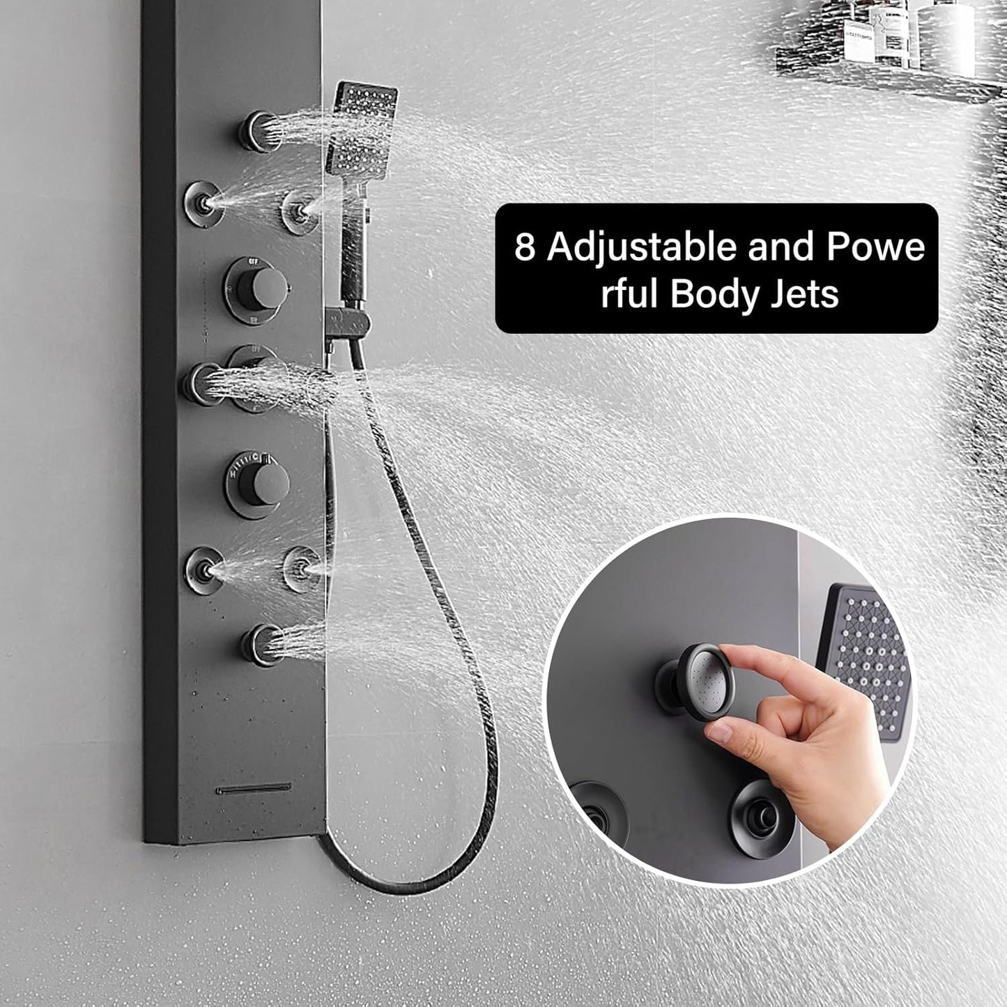 5 IN 1 Rainfall Waterfall Shower Panel with Handheld Shower Matte Black Stainless Steel Shower Tower Panel System Massage Body Jets with Tub Spout