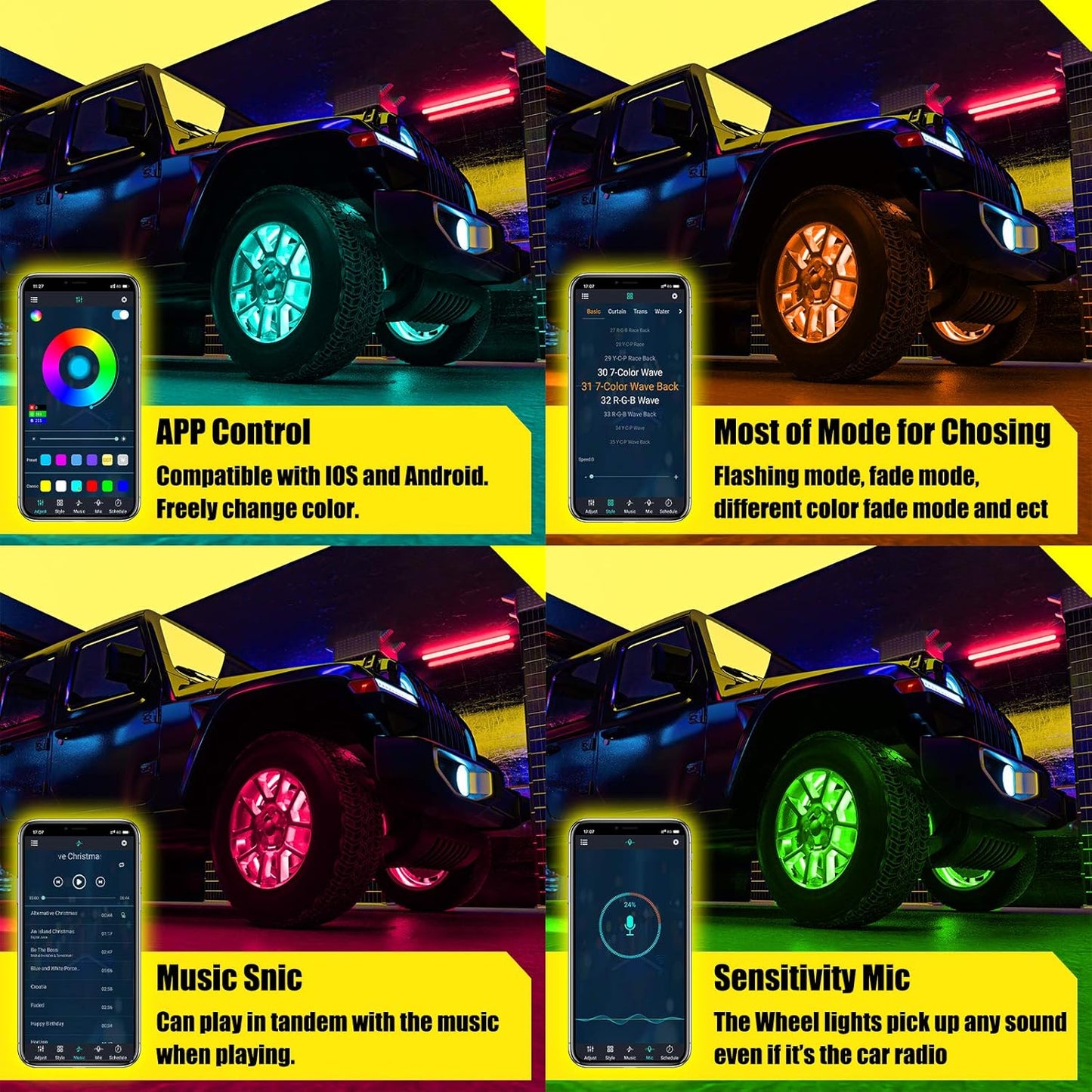 15.5 inch RGB Wheel Well Lights for All Vehicle with 18 or 19inch Tire