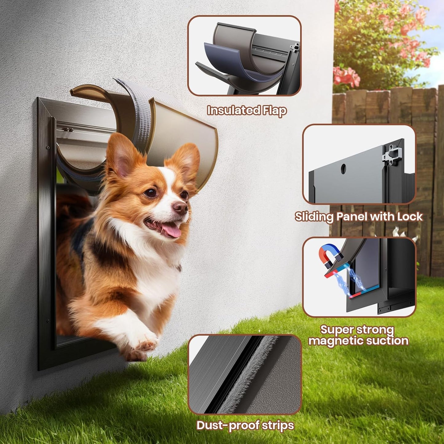 3 Flap Doggy Door, All Aluminum Alloy Dog Door for Wall, Medium Doggie Door Heavy Duty