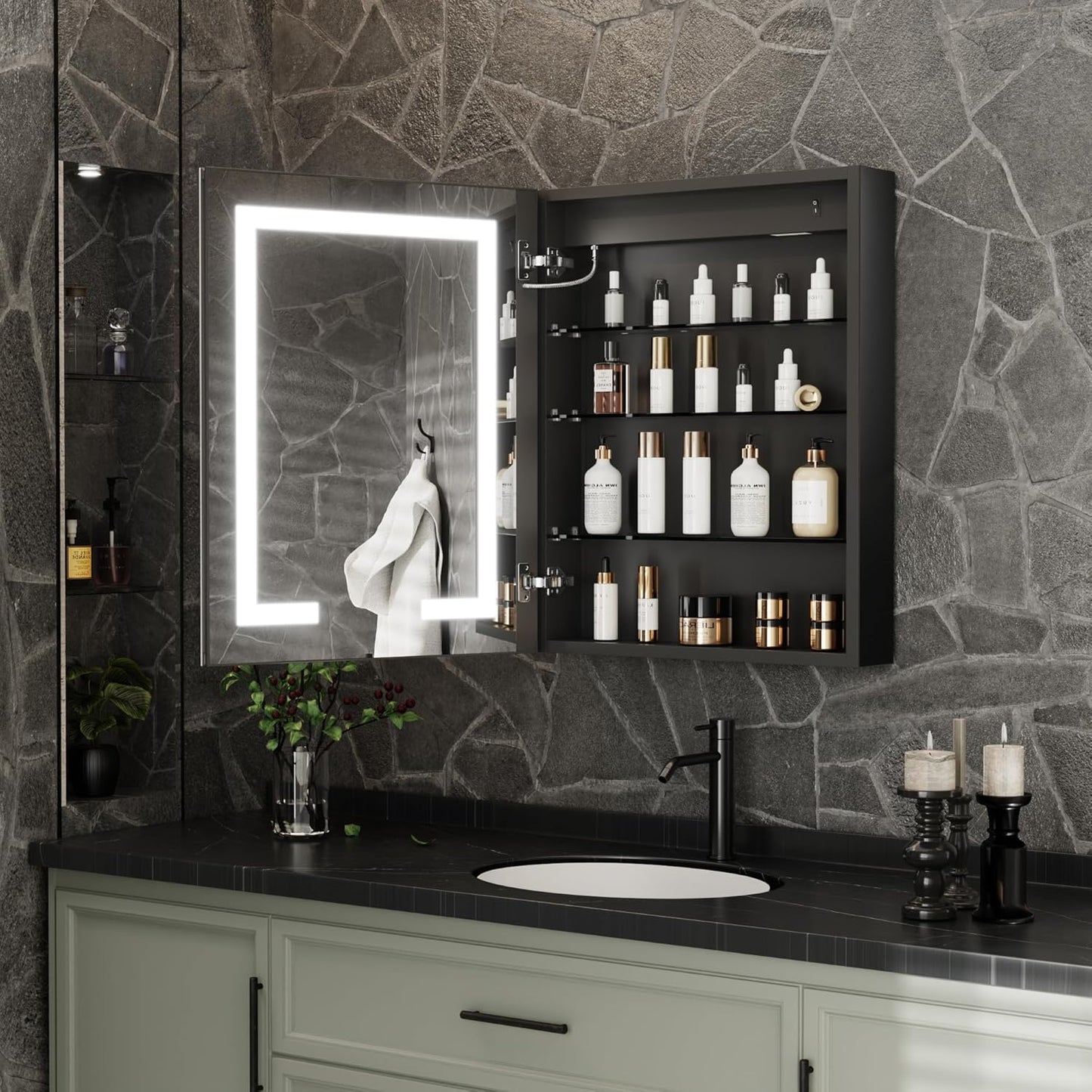 ES-DIY Lighted Medicine Cabinet 24 x 30 Inch, LED Medicine Cabinet Recessed or Surface Mount, Defog, Stepless Dimming,Color Temper