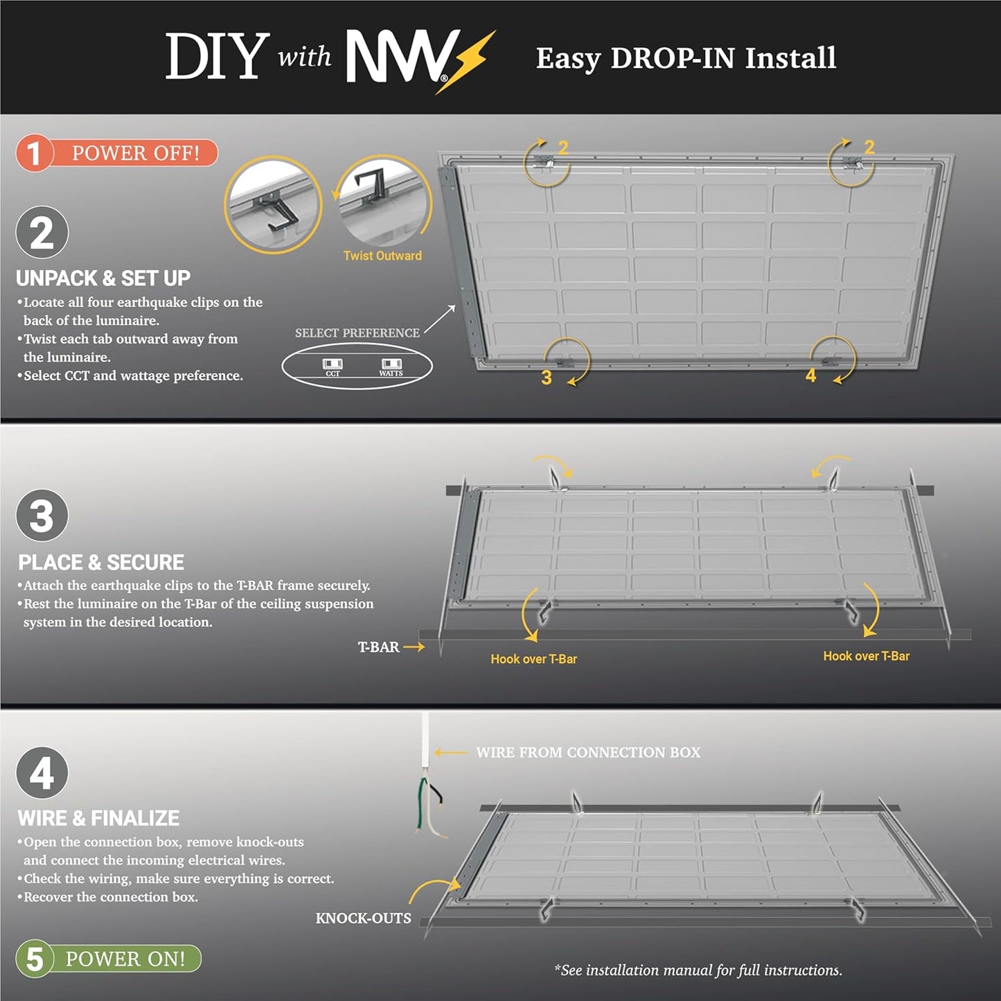 NUWATT 4 Pack 2x4 LED Drop Ceiling Flat Panel Troffer Light, Wattage & Color Selectable 50W/40W/30W, CCT 3000K/3500K