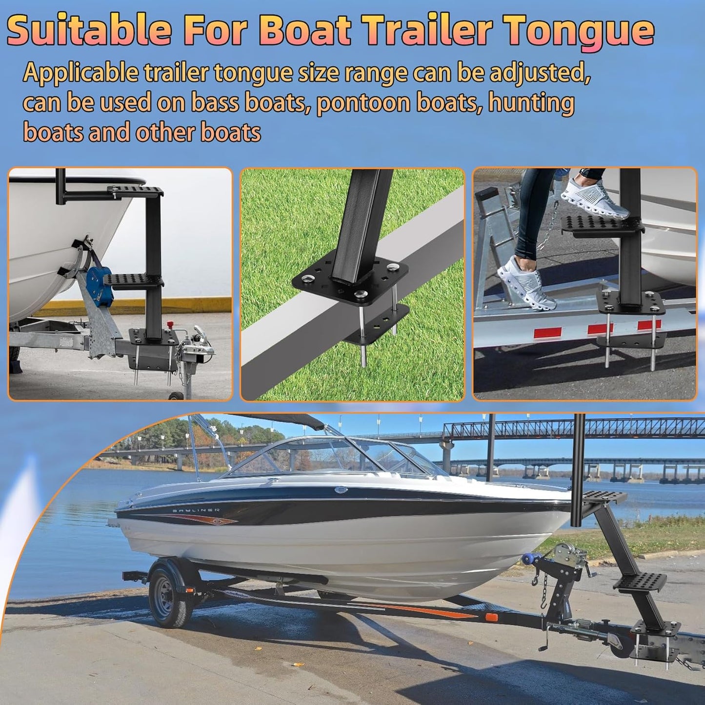 Heavy-Duty Boat Trailer Steps with Handle, Non-Slip Surface Fits for Trailers Tongue Step, 2 Steps