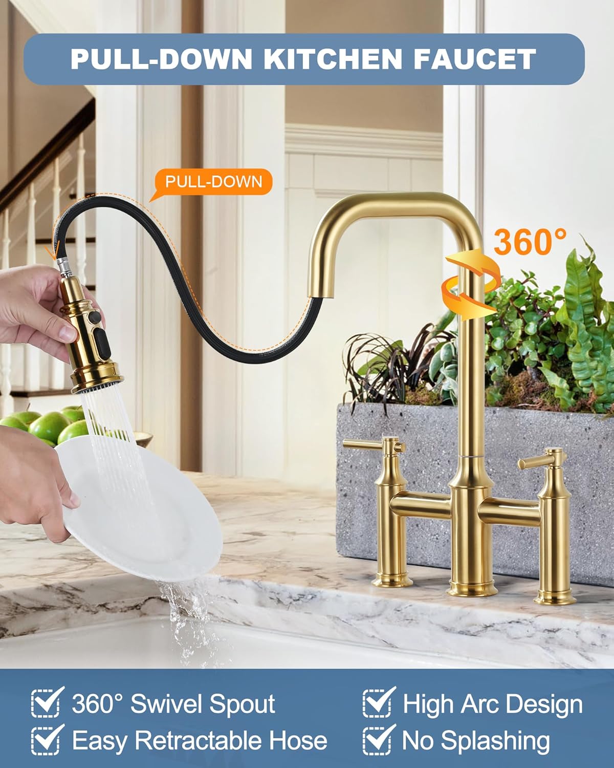 Kitchen Faucet Brushed Gold: Two Handles 8 Inch Centerset Brass Kitchen Faucet - 3 Holes High Arc Kitchen Faucet with Pull Down Sprayer for