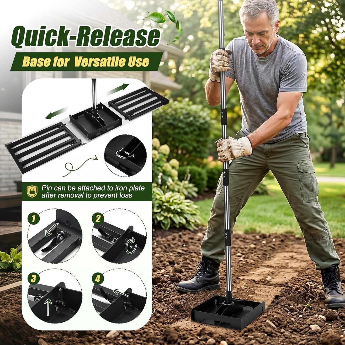 AugFir 2-in-1 Lawn Leveling Rake, Tamp and Lawn Leveler Tool,Heavy Duty Iron Dual-use 45” x 11” Base Plate with 76” Stainless Steel Handle, Quick Detach for Garden, Yard, Farm Solid Black
