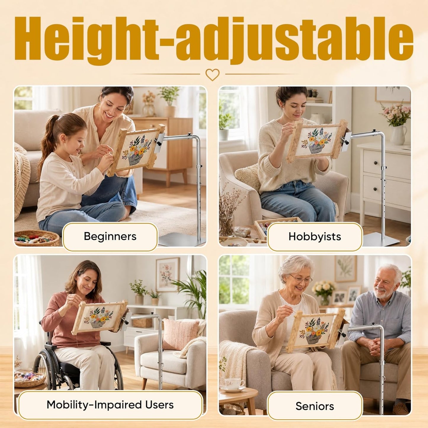 Heavy Duty Needlepoint Floor Stand with Side Clamp โ 360ยฐ Rotating & Height Adjustable Workstand for Lowery, Cross Stitch Embroidery Stand Fits Q-Snap Frames & Scroll Rods up to 32" Wide, Extra-Large Stable Base