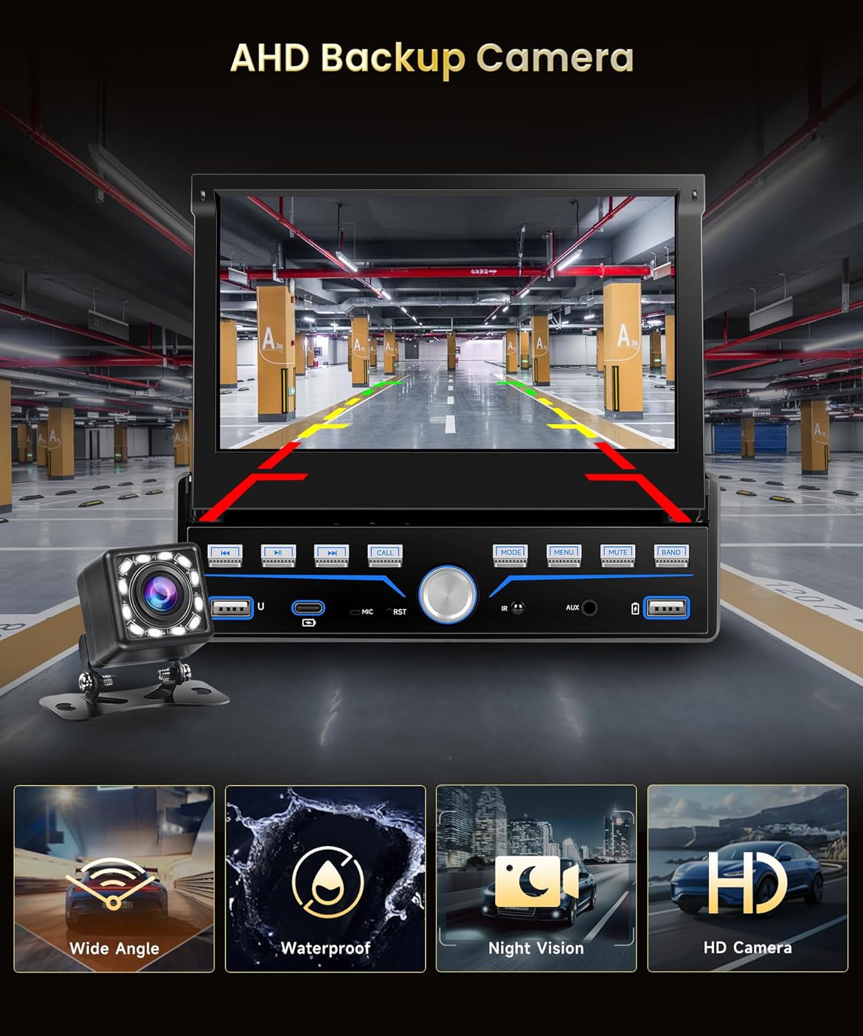 7'' Single Din Car Stereo with Piano Keys,Wireless CarPlay Android Auto,HD IPS Manual Telescopic Touchscreen Radio with Bluetooth,FM Radio Receiver Support USB/Type-C,Mirror Link,Backup Camera