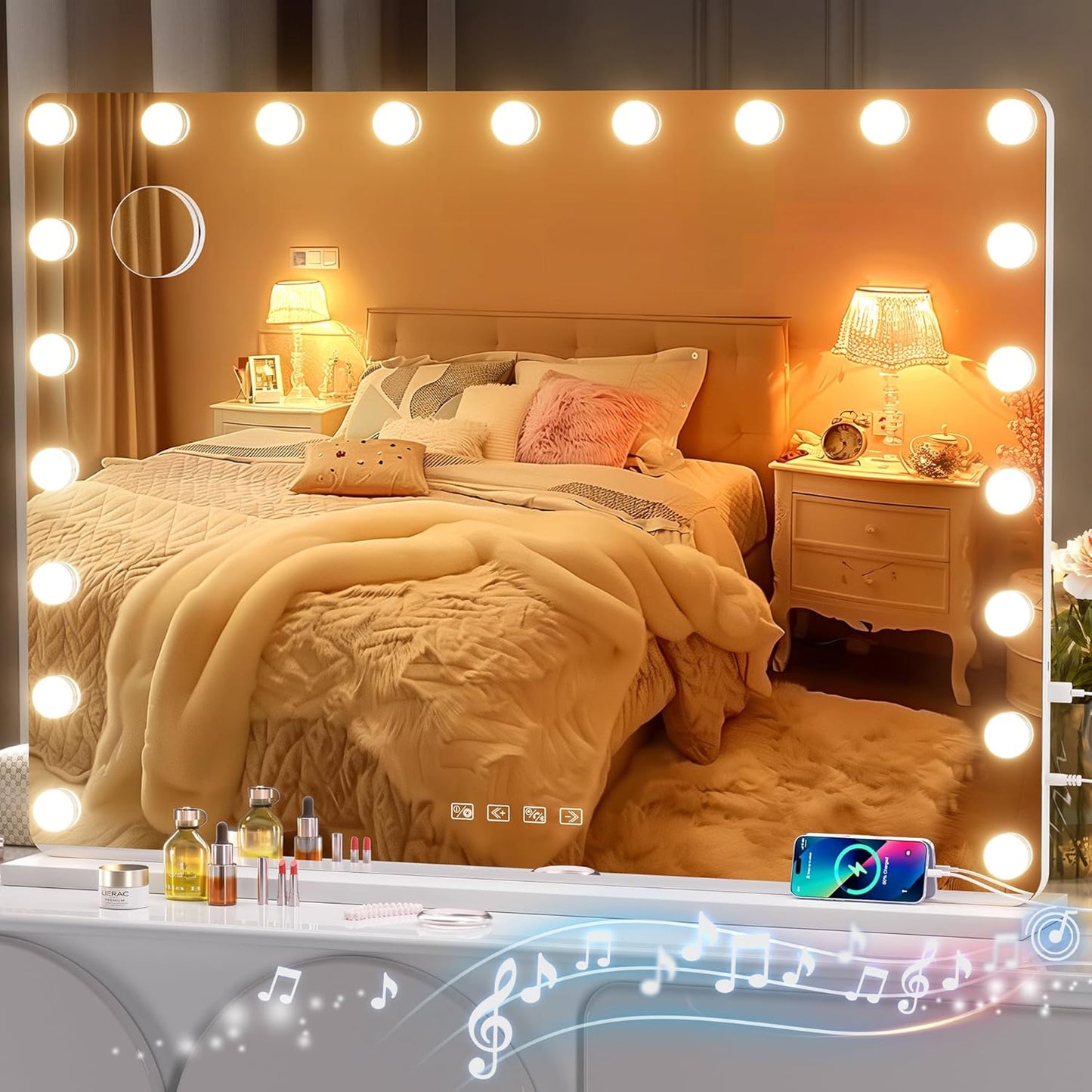 Hasipu Vanity Mirror with Lights and Bluetooth Speaker, 40" x 29" Hollywood Makeup Mirror with 21 Dimmable Bulbs and