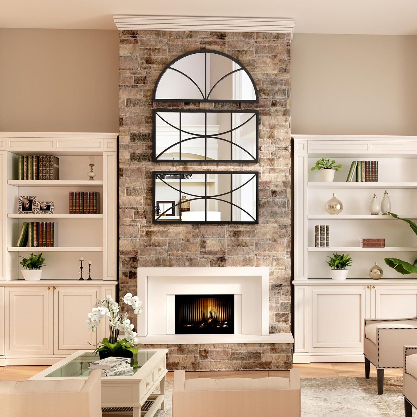 NXHOME Arched Window Black Mirror, 47.2431.5' Set of 3pcs,Spliced Detachable Composable Metal Wall Mirror Windowpane Decoration for Entryway Living
