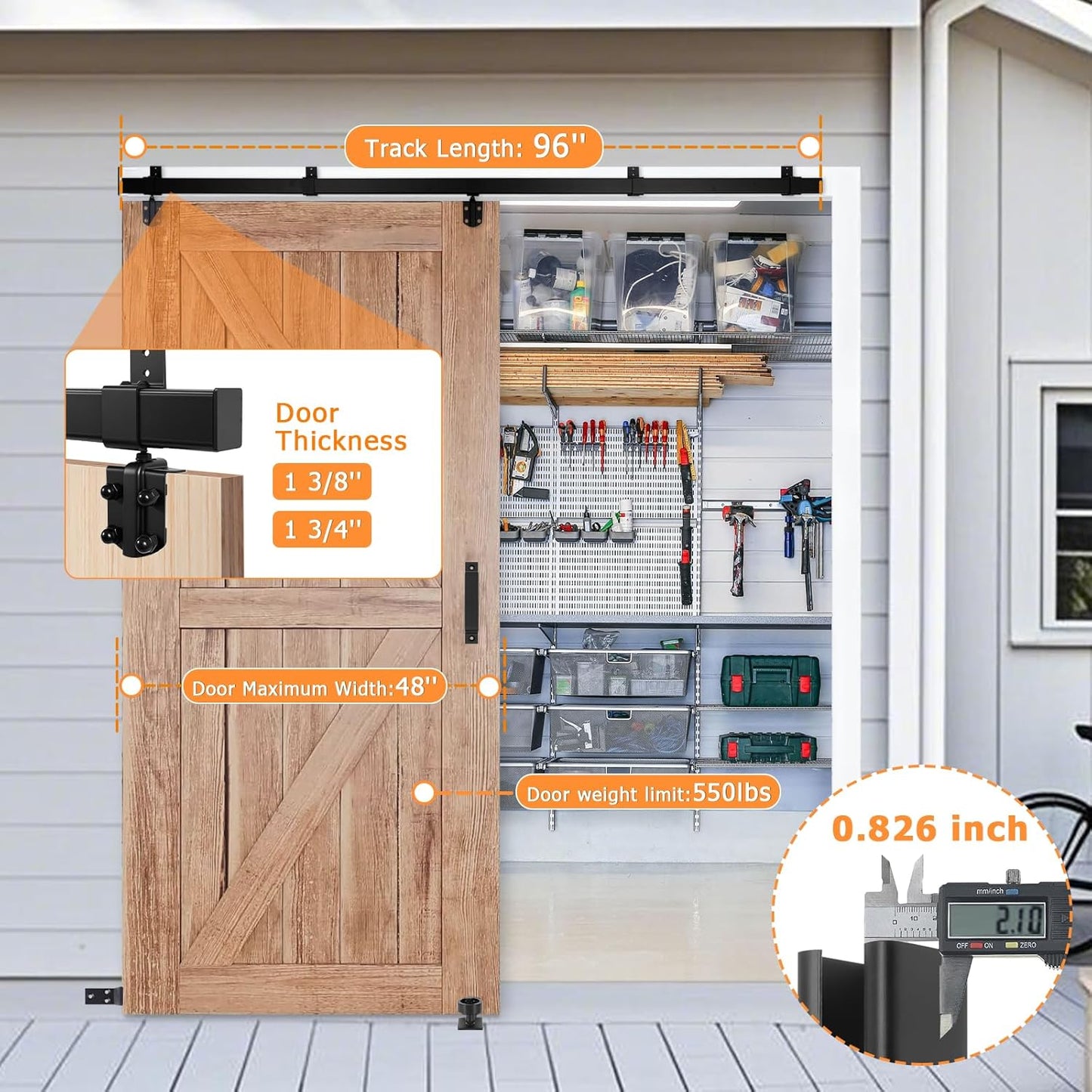 8FT Box Rail Exterior Barn Door Hardware Kit, Heavy Duty Sliding Barn Door Hardware, Wall Mount Barndoor Kit (Doors Not Included)