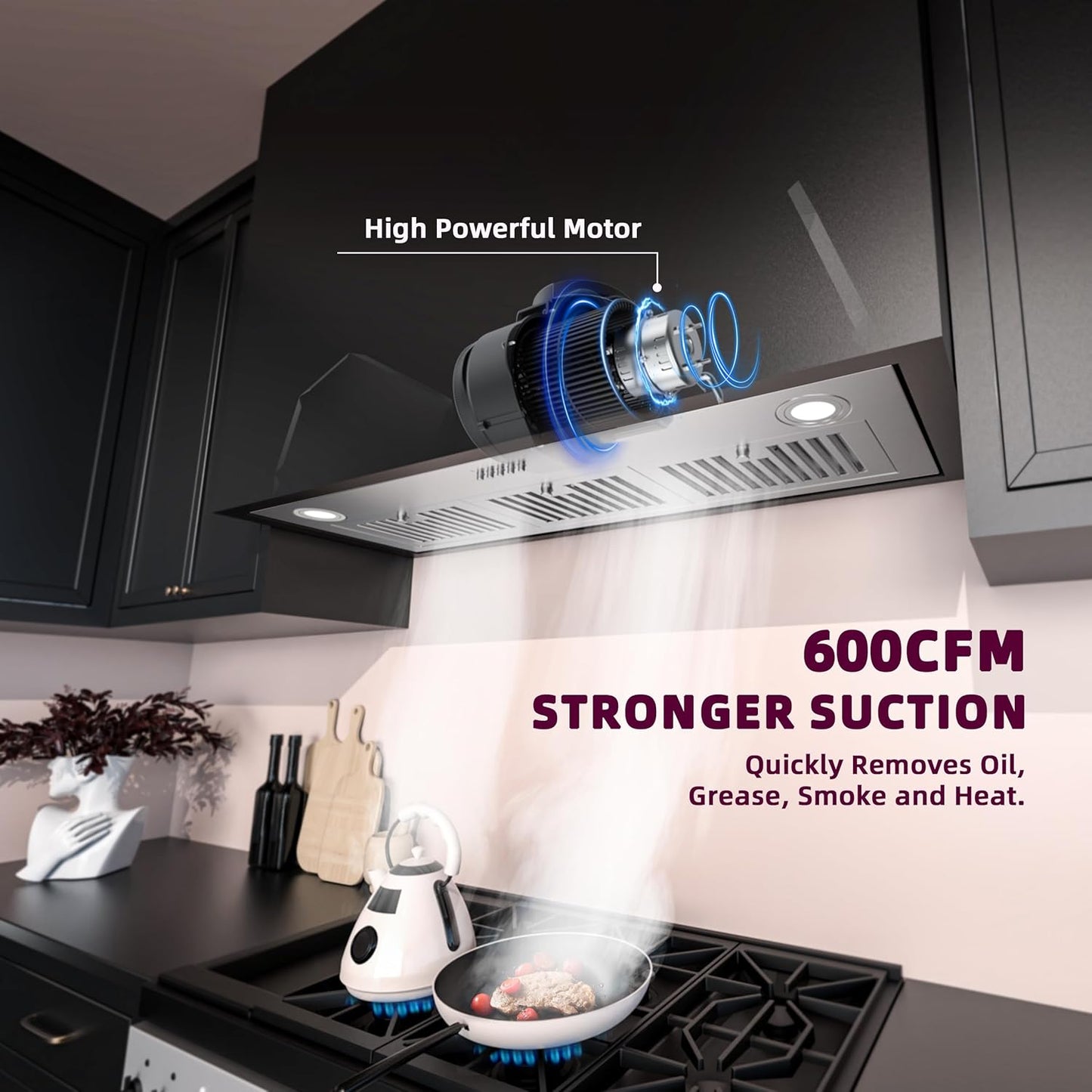 Range Hood Insert 36 inch, Built-in Kitchen Hood with 600 CFM, Ducted/Ductless Convertible Vent Hood, Stainless Steel Stove Hood Vent with Push