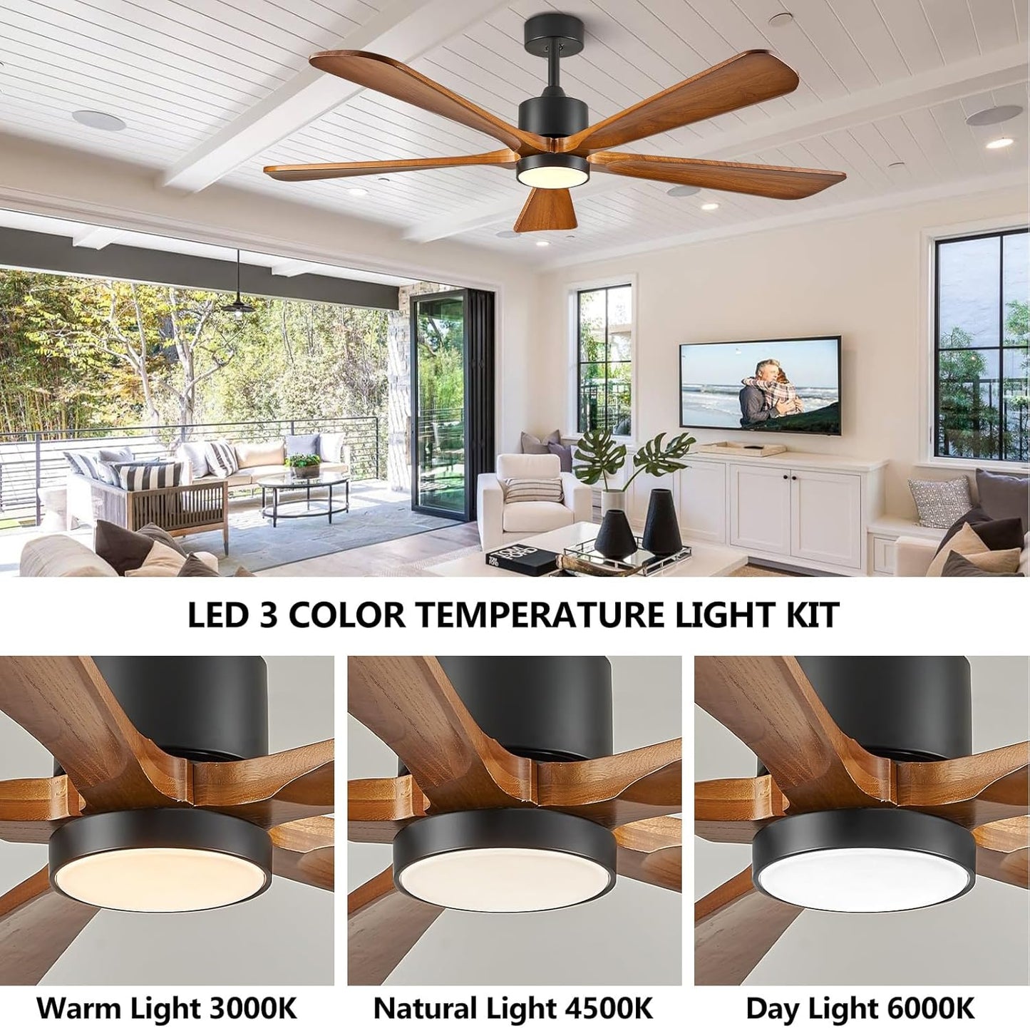 BOOSANT 52' Modern Ceiling Fan with Lights and Remote Control, 5 Solid Wood Blades 6-Speed Noiseless Reversible DC Motor, Ceiling Fan for Bedroom,