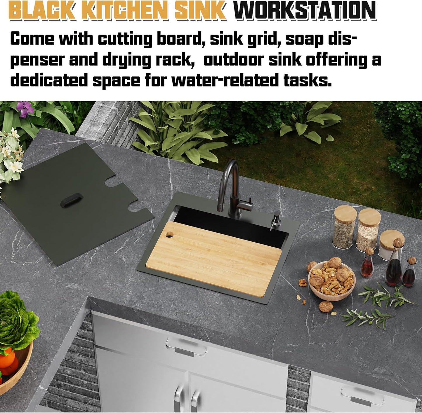 Black Kitchen Sink With Dust Lid, 21'x18' Stainless Steel Drop In Single Bowl Sink, Built-in Ledge, Topmount