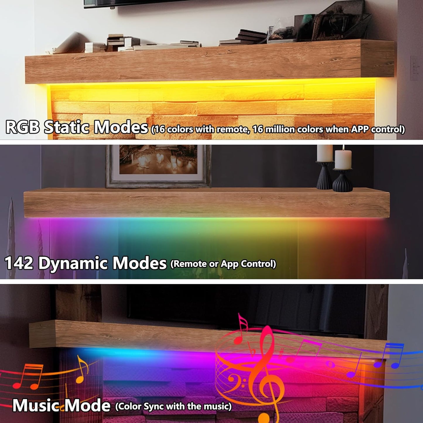 koretech Fireplace Mantel 48'/60'/72' with LED Lights, Solid Rustic Wood Floating Farmhouse Shelf Handcrafted