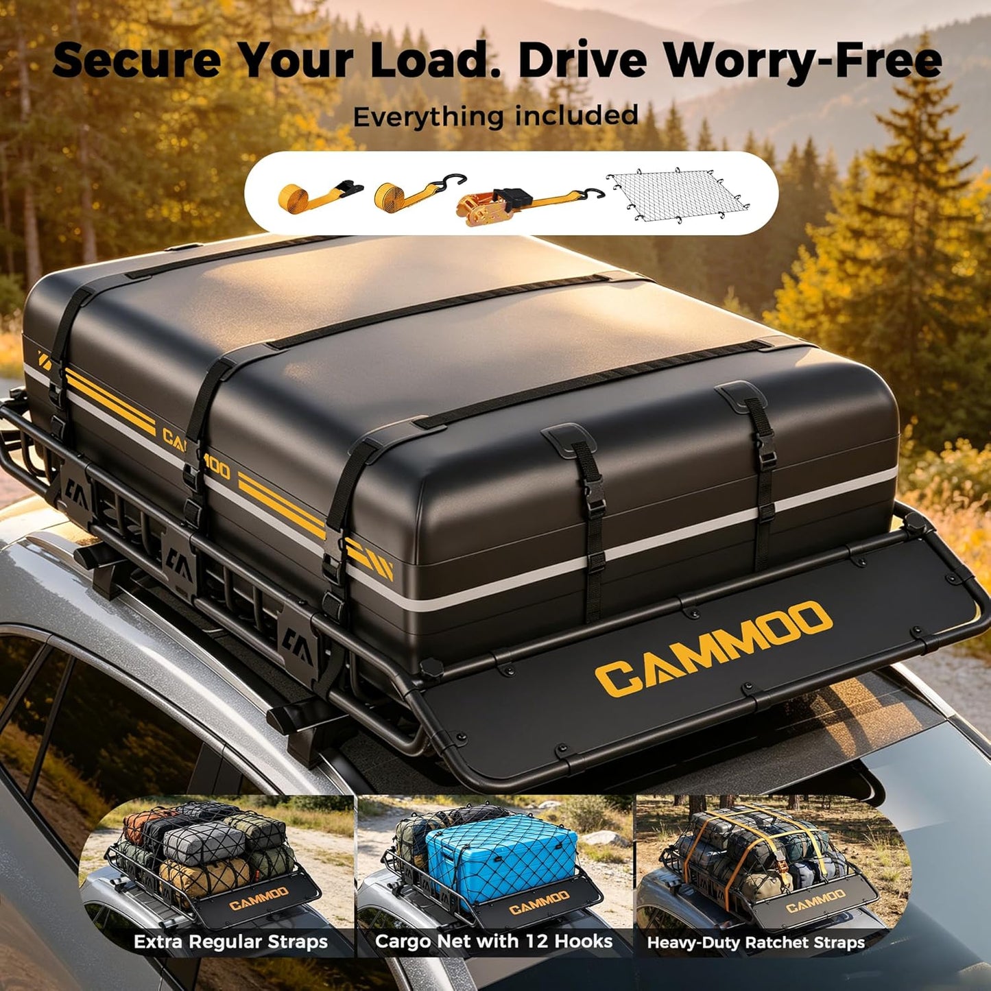 CAMMOO 64"x39" Roof Rack Basket, Removable Fairing & Support Bars for Kayaks/Long Gear, 20 Cu.Ft Waterproof Soft Bag+Lock+Net+Strap–200Lbs Capacity Car Roof Cargo Carrier for SUV Truck Camping