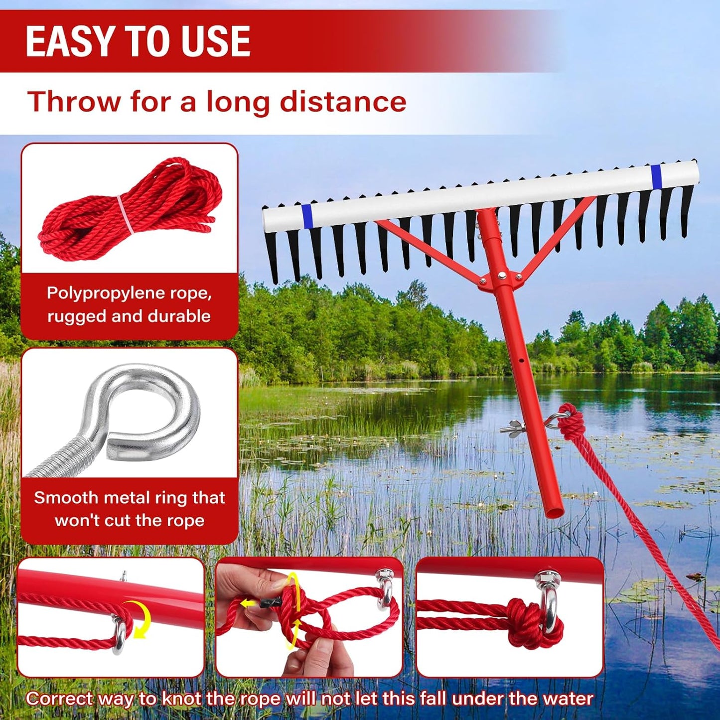Extra Large Aquatic Weed Rake Heavy Duty Aluminum Pond Rake