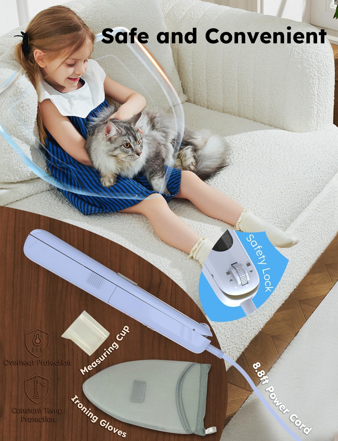 Travel Steam Iron Rylena, 180 degree Rotates to Clip, Hang, Flat Iron for Clothes, Curtains, Leakproof/Splashproof, Blue