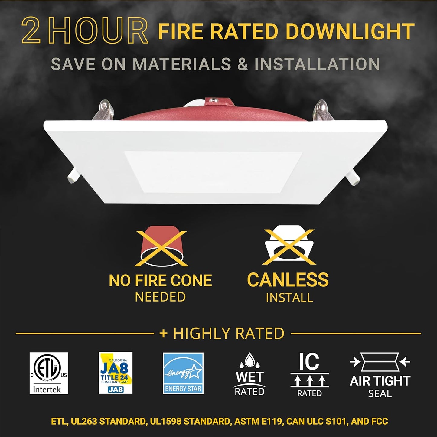 NUWATT 12 Pack, 6 Inch 2 HOUR FIRE RATED LED Recessed Light, 5CCT 2700K/3000K/3500K/4000K/5000K Selectable, 1200 Lumen Dimmable, IC Rated, Square