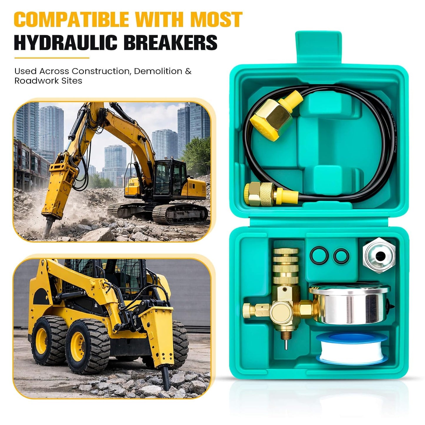 Hydraulic Breaker Nitrogen Charge Kit with Large Gauge, 0–100 Bar / 1420 PSI Hydraulic Hammer Nitrogen Fill Kit with Hose, G5/8 to CGA580 Adapter for Excavators, Post Drivers & Heavy Equipment Breaker Kit