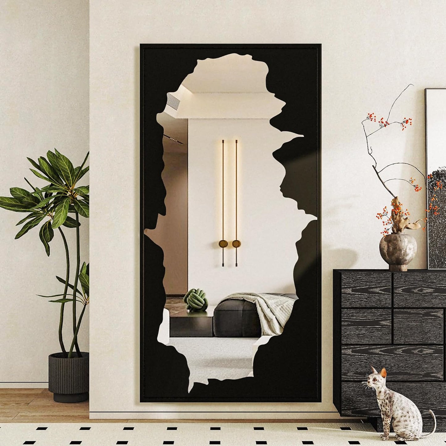 Full-Length Mirror Free Standing Leaning Mirror with Artistic Black Abstract Overlay Deco, 55"x28" Shatterproof Wall-Mounted Mirror, Perfect