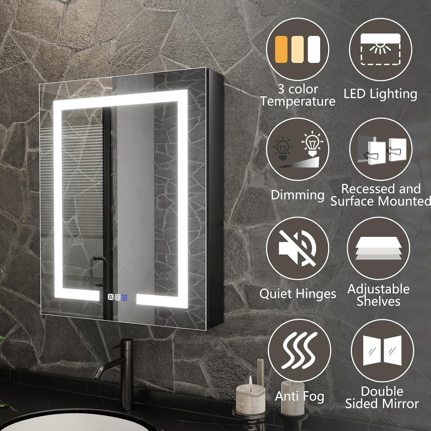 ES-DIY Lighted Medicine Cabinet 24 x 30 Inch, LED Medicine Cabinet Recessed or Surface Mount, Defog, Stepless Dimming,Color Temper