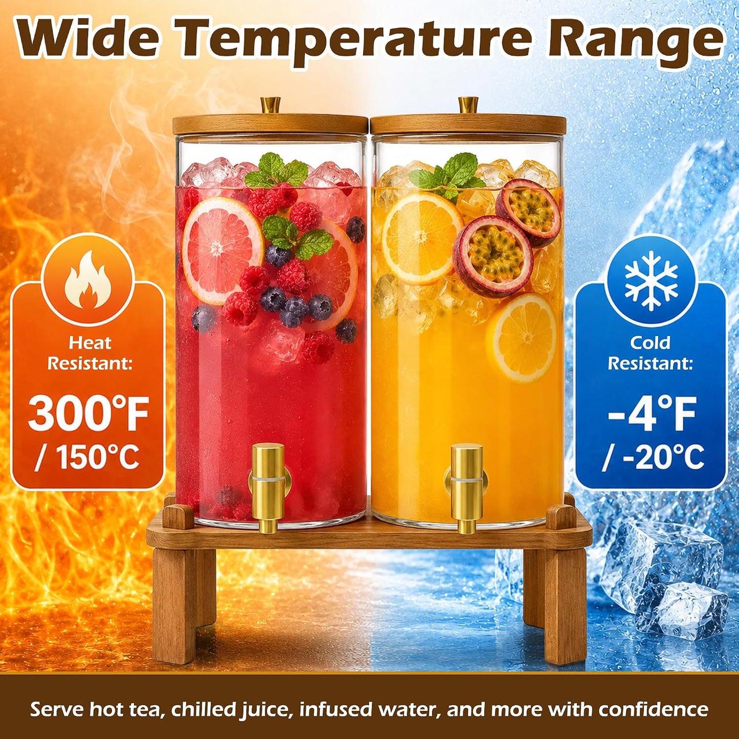 2PCS Drink Dispenser, 1.5 Gallon Each Glass Beverage Dispenser with Wood Stand, Juice Lemonade Dispenser with Stainless Steel Spigots, Drink Dispensers for Parties