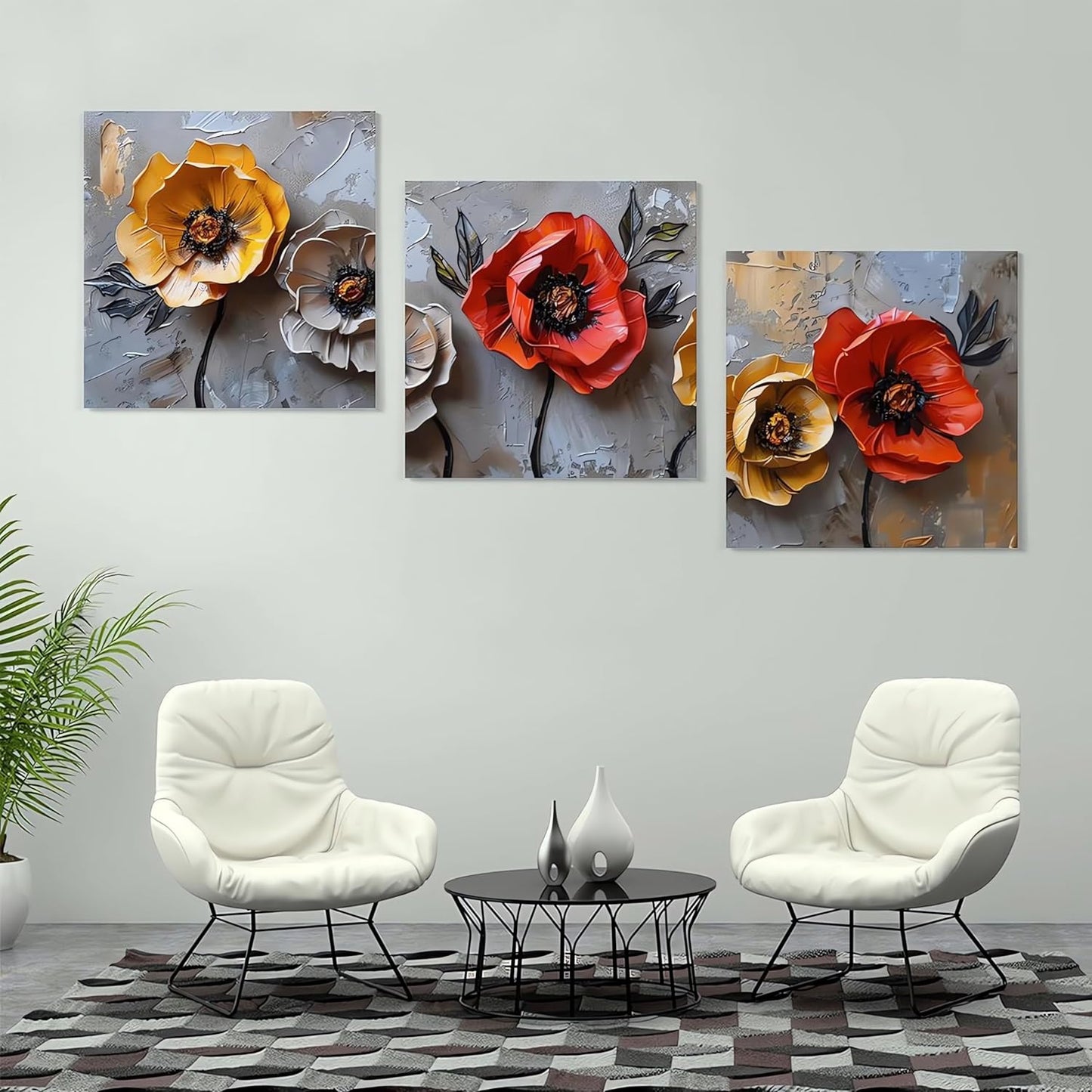 SSRTK Large Living Room Textured Wall Art Poppy Painting 3 Piece Set Canvas Flower Wall Decor for Women's Room Modern Home Bedroom Oil Painting