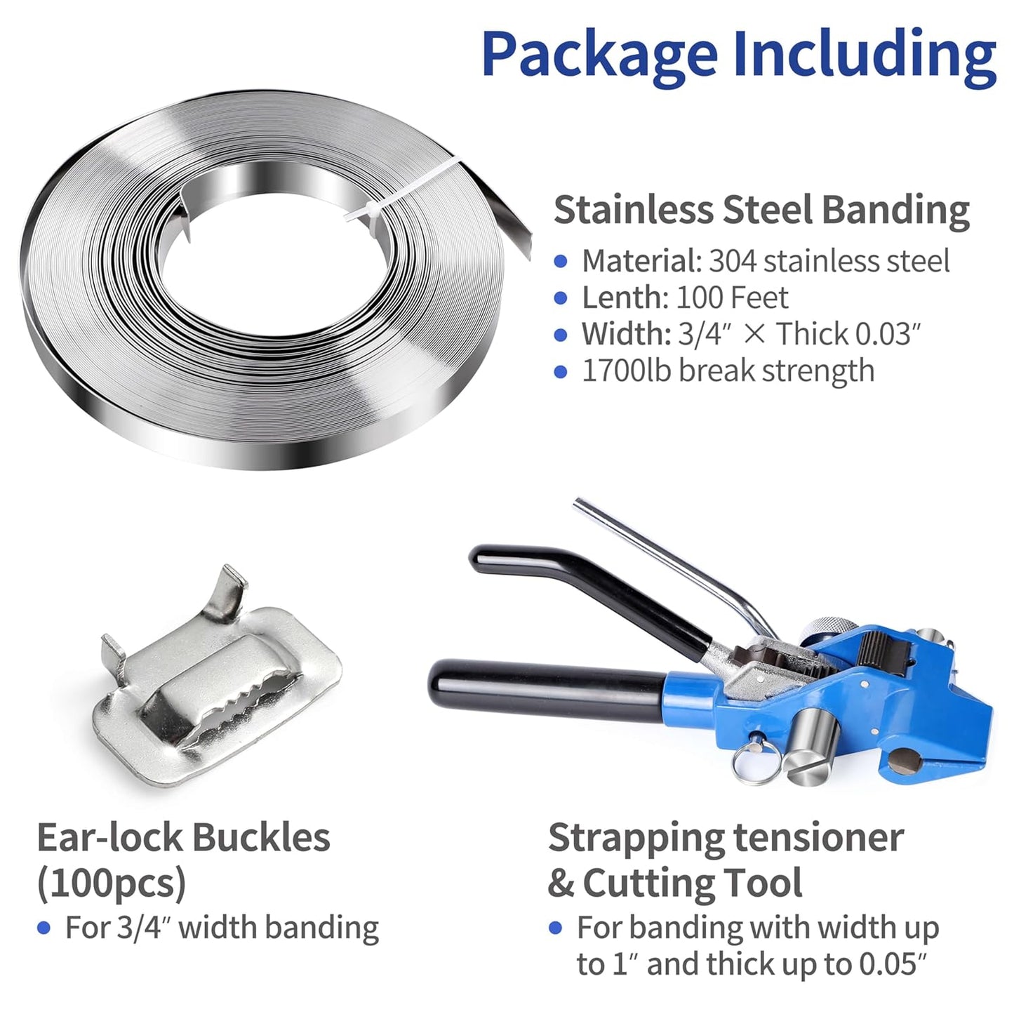 Pallet Packing Banding Strapping Kit 3 in 1 Banding Tools for Steel Strapping Include Tensioner Tool, 100' Length x 3/4' Wide 304 Stainless Steel
