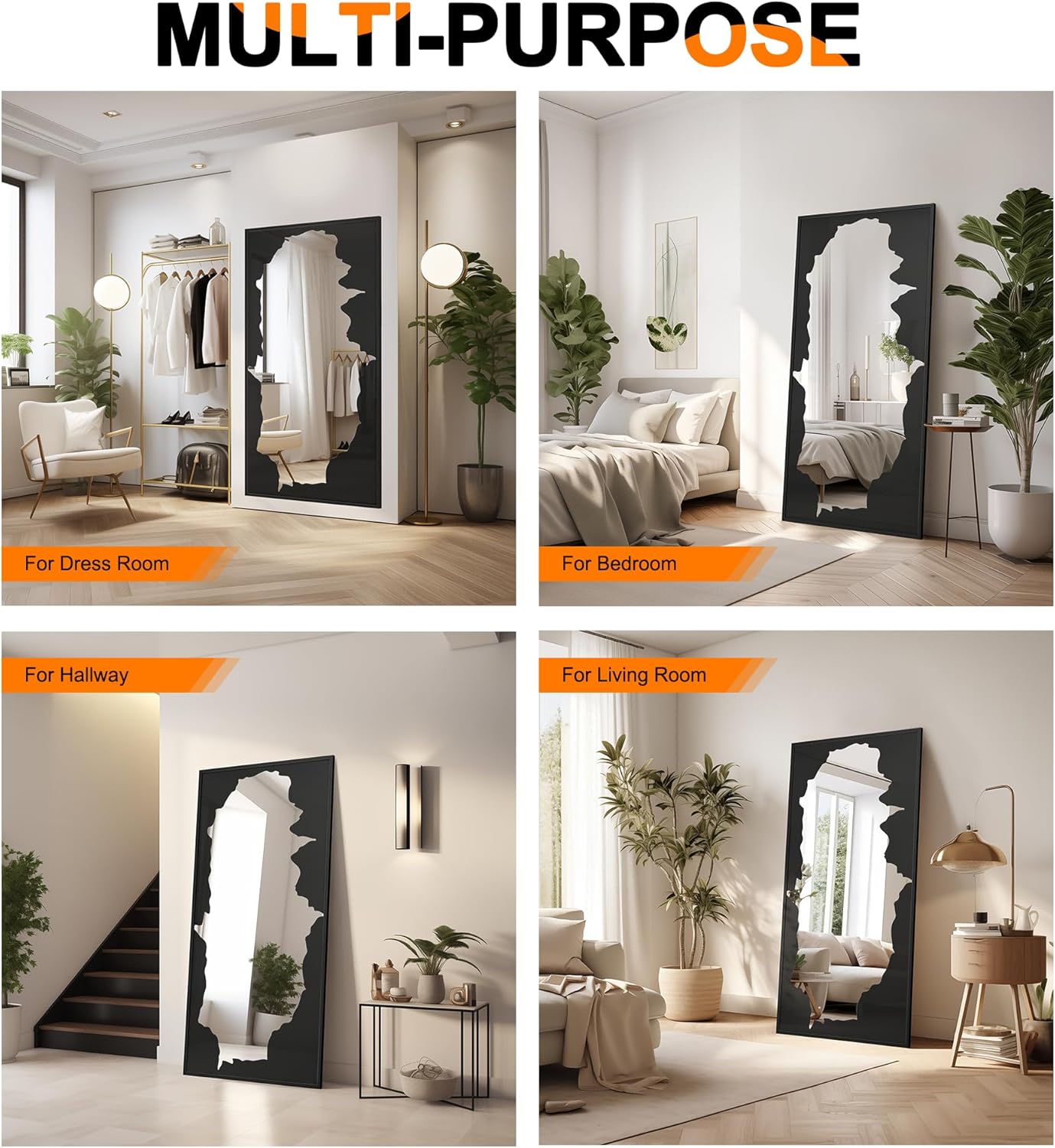 Full-Length Mirror Free Standing Leaning Mirror with Artistic Black Abstract Overlay Deco, 55"x28" Shatterproof Wall-Mounted Mirror, Perfect