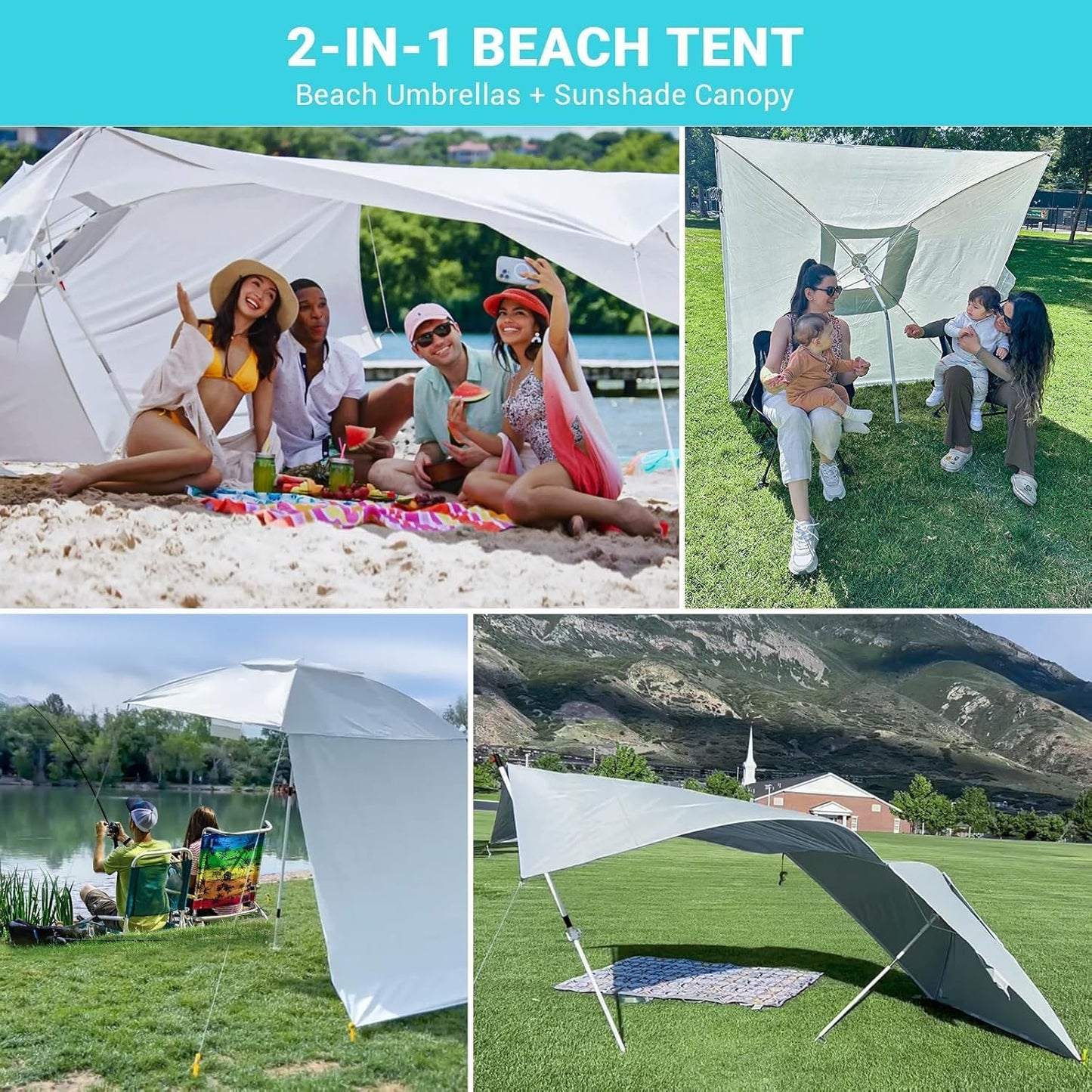 2-in-1 Beach Umbrella and Beach Shade Canopy, 6x6 FT Beach Tent Sun Shelter with Stability Poles, Carrying Bag