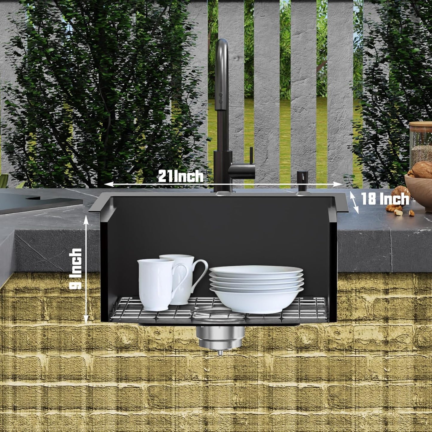 Black Kitchen Sink With Dust Lid, 21'x18' Stainless Steel Drop In Single Bowl Sink, Built-in Ledge, Topmount