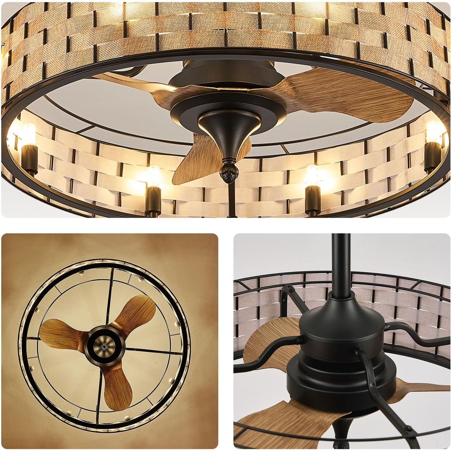 Orison 24' Caged Ceiling Fan with Lights, 2 Ways Control(App&remote control), Light Kit Included(8 bulbs), Modern Farmhouse, F61380