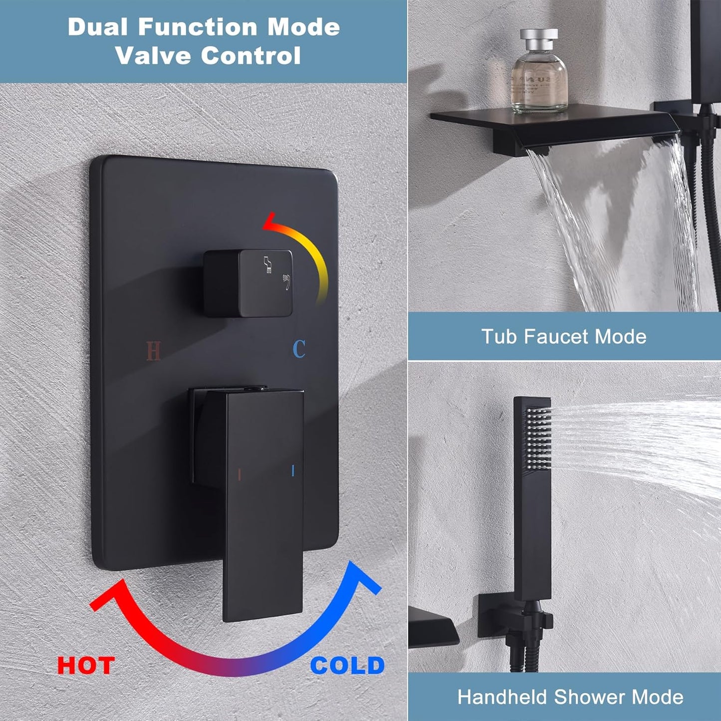 Waterfall Bathtub Faucet Set with Sprayer, Wall Mount Tub Spout with Handheld Shower Single Handle Shower Tub Faucet Set Matte Black