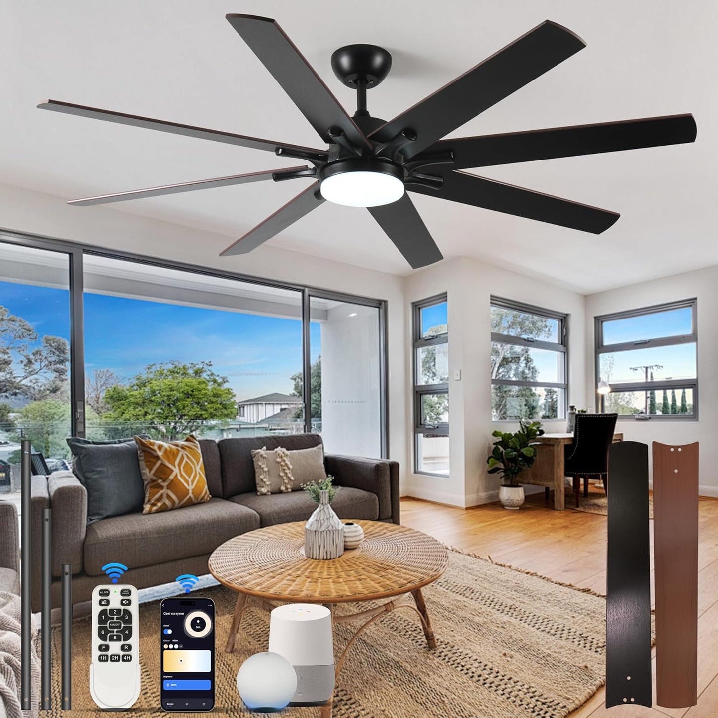 72' Smart Ceiling Fan with Light & Remote, Dimmable 6-Speed WiFi Alexa Control, Quiet DC Motor, Indoor/Outdoor