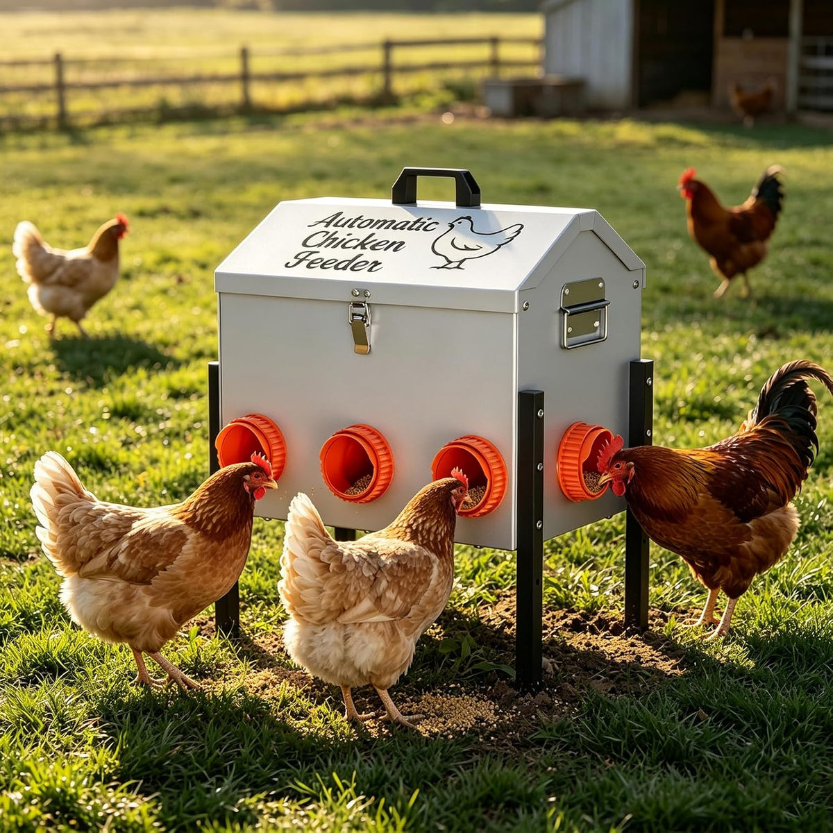 50LB Automatic Chicken Feeder with 8 Feeding Ports, No-Waste Poultry Feeder with Window, Adjustable Height, Locking Lid & Weatherproof Design for Outdoor Coop