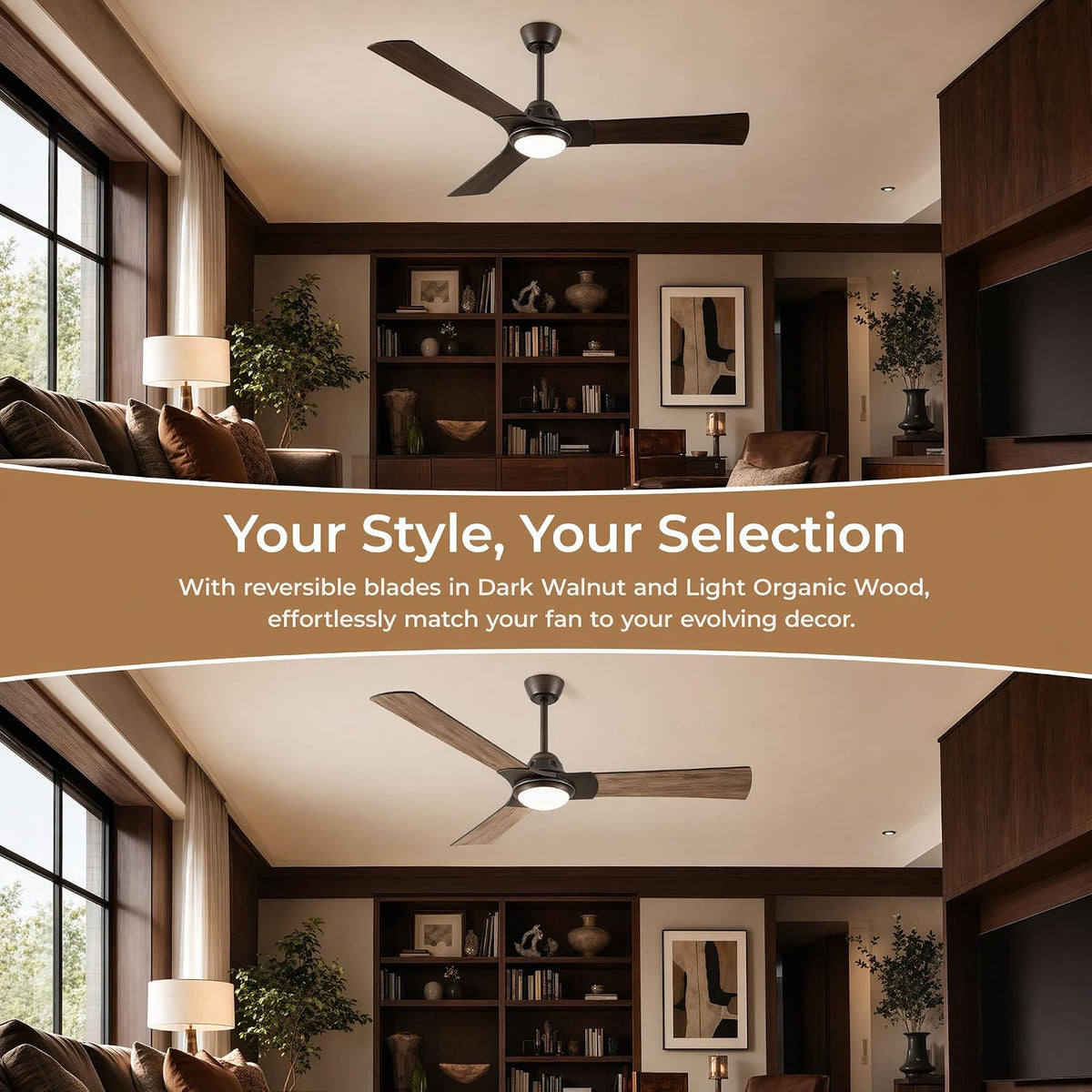 52 Inch Ceiling Fan with Light, DC Motor 52 inches Double Wood Grain